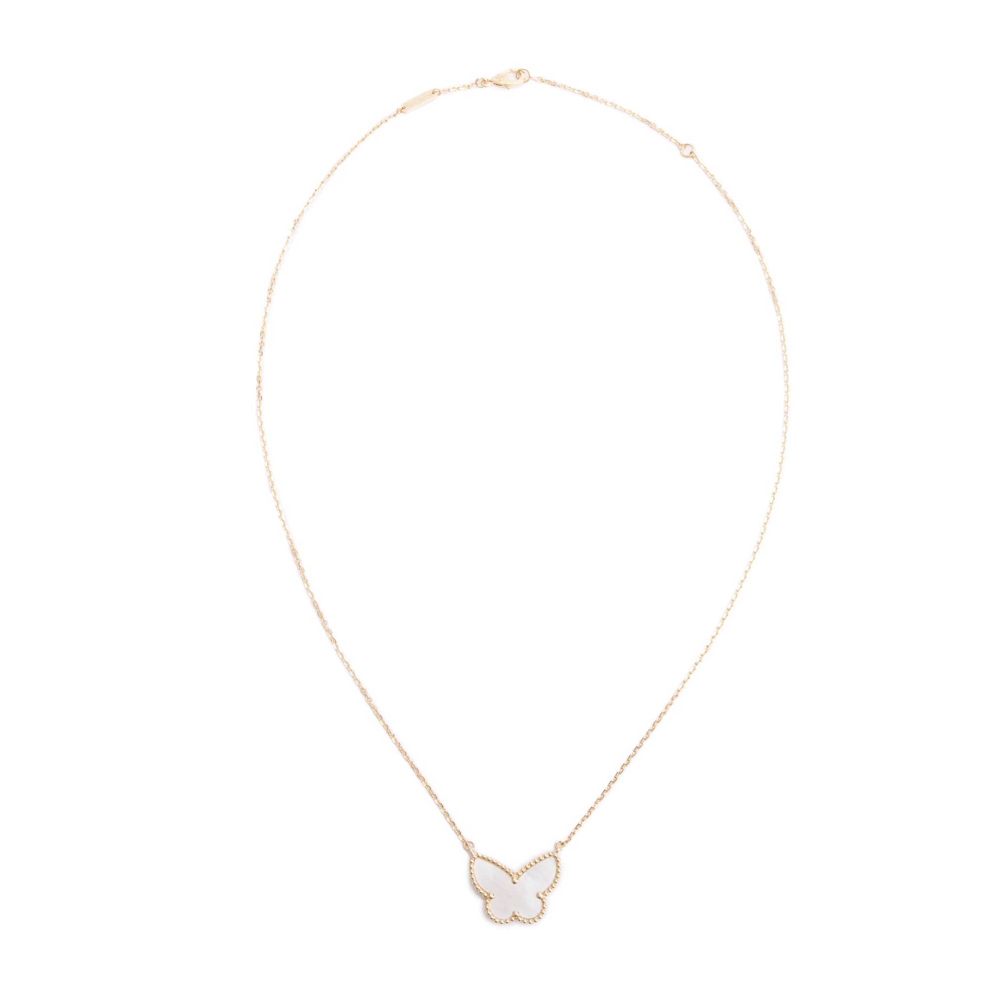 Van Cleef & Arpels 18k Yellow Gold Lucky Alhambra Butterfly Mother of Pearl Pendant Necklace w/ Box