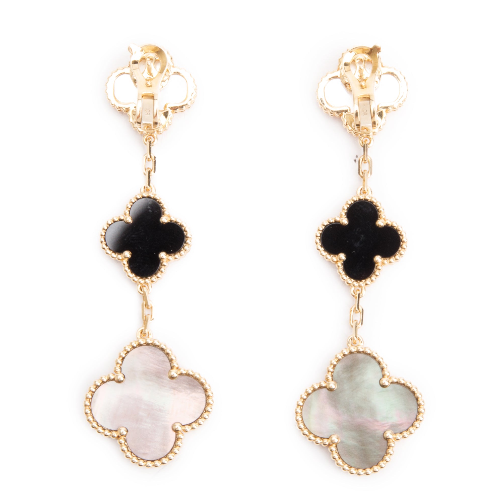 Van Cleef & Arpels 18k Yellow Gold Magic Alhambra 3 Motif Mother of Pearl & Onyx Drop Earrings w/ Receipt