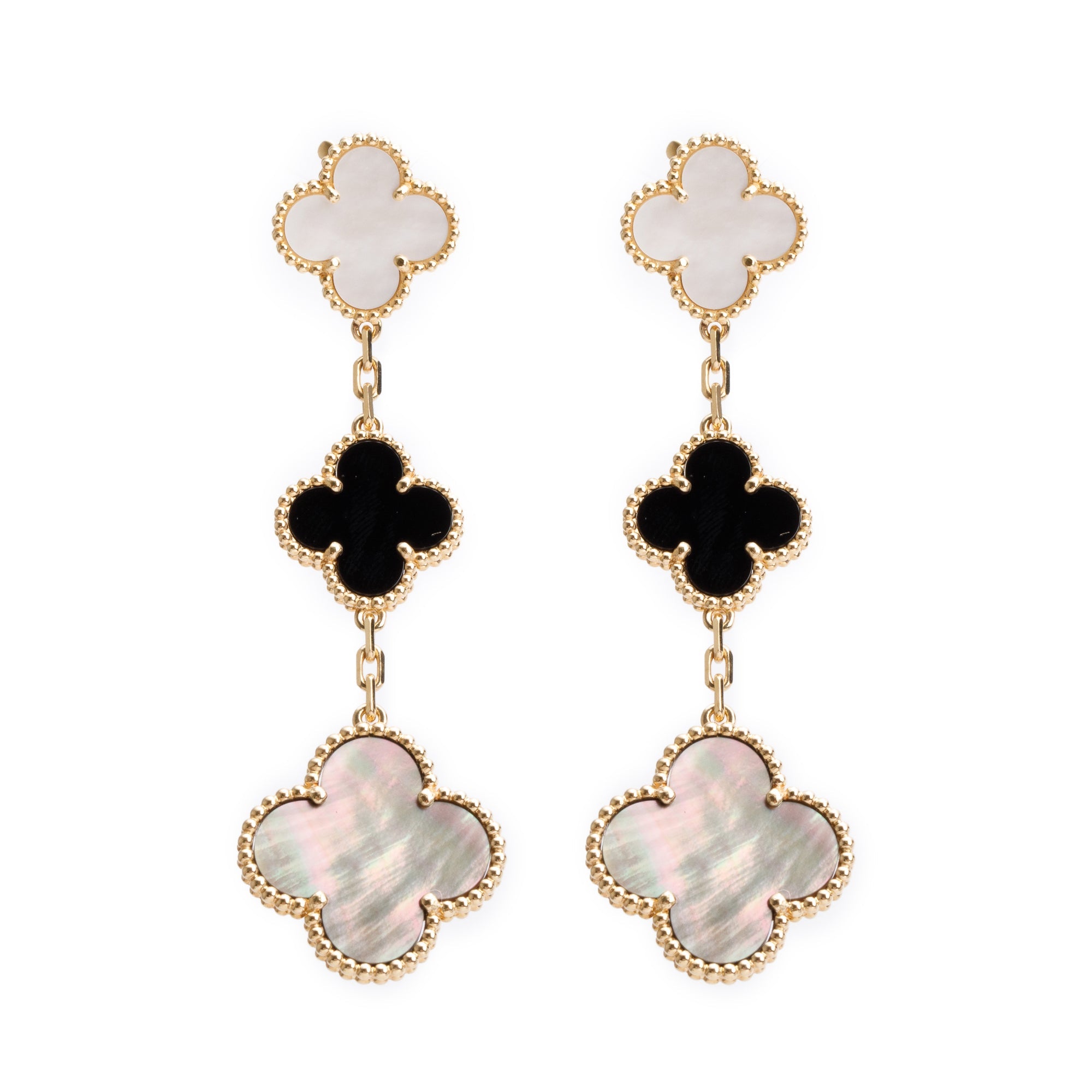 Van Cleef & Arpels 18k Yellow Gold Magic Alhambra 3 Motif Mother of Pearl & Onyx Drop Earrings w/ Receipt