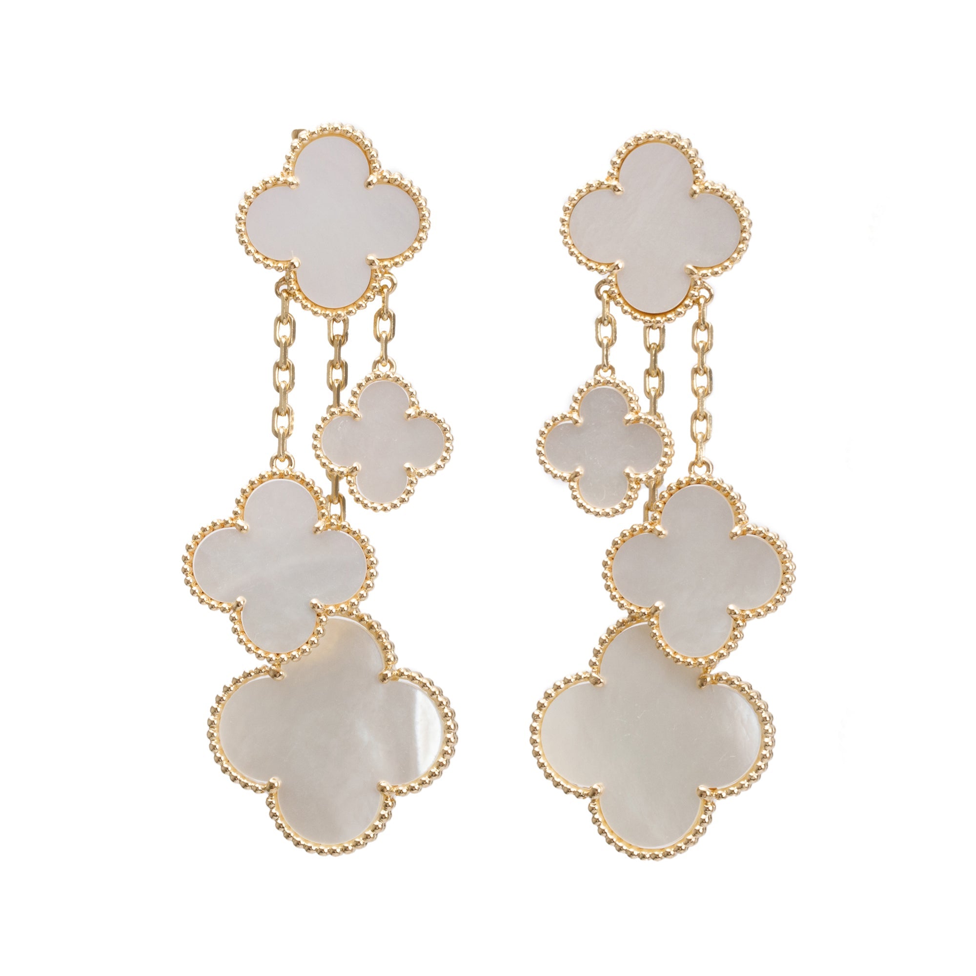 Van Cleef & Arpels 18k Yellow Gold Magic Alhambra 4 Motif Mother of Pearl Drop Earrings