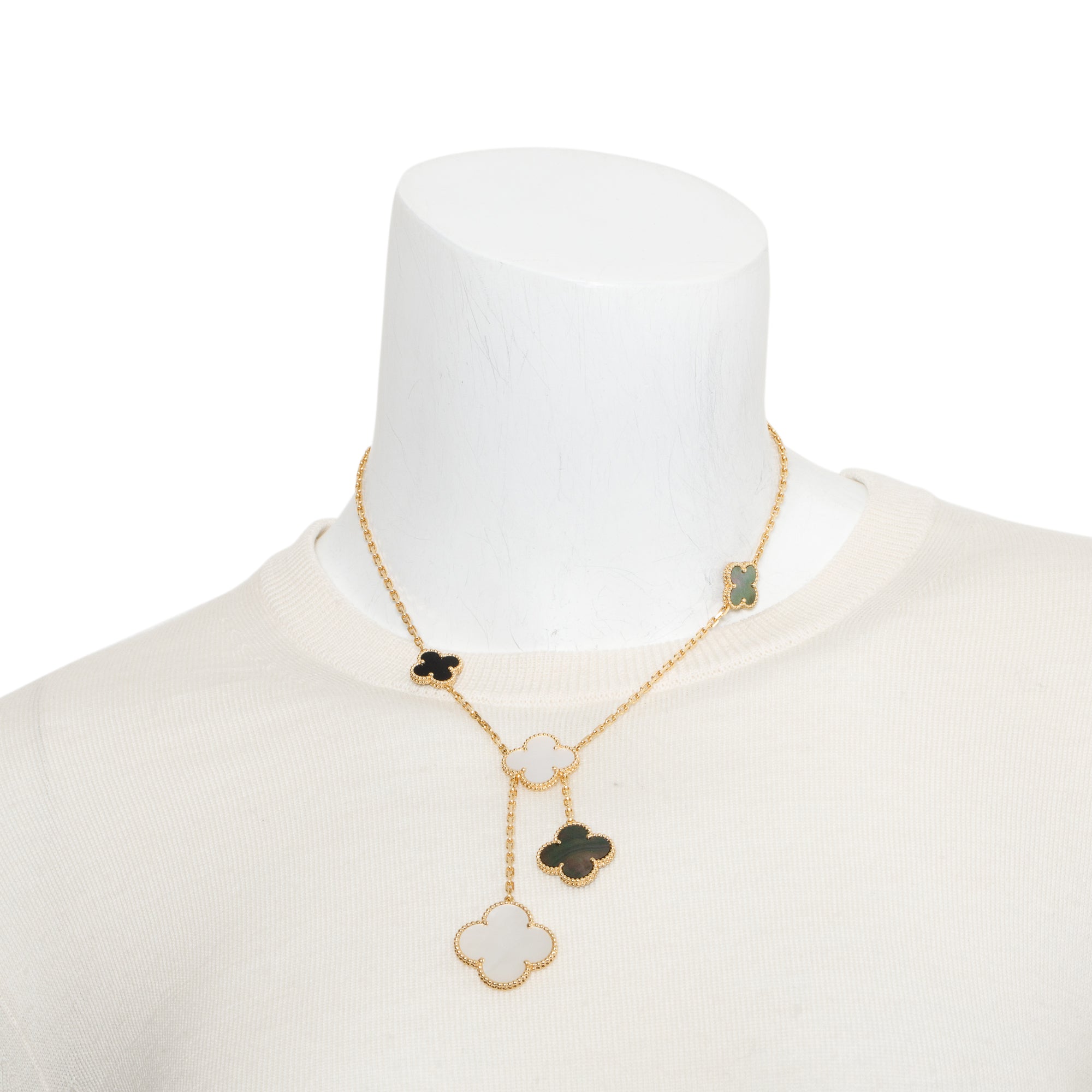 Van Cleef & Arpels 18k Yellow Gold Magic Alhambra 6 Motif Mother of Pearl & Onyx Necklace w/ Box, Certificate & Receipt