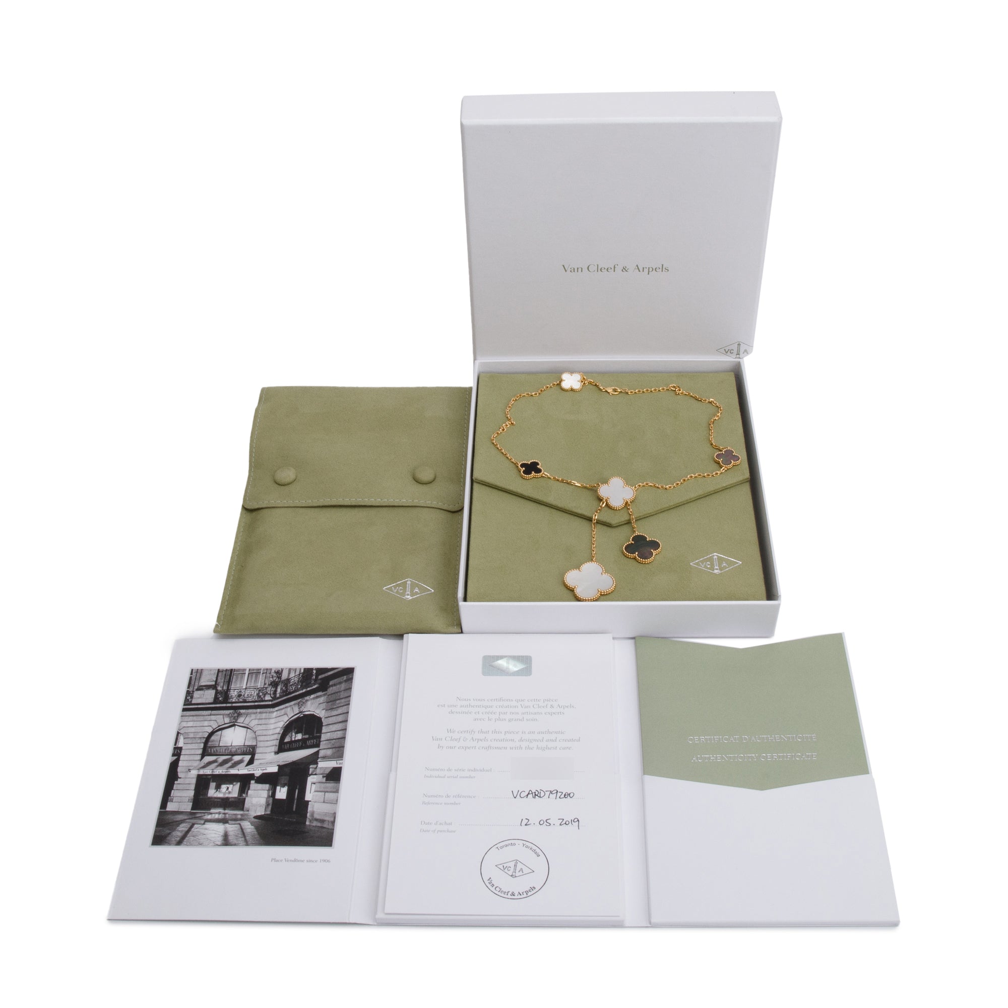 Van Cleef & Arpels 18k Yellow Gold Magic Alhambra 6 Motif Mother of Pearl & Onyx Necklace w/ Box, Certificate & Receipt