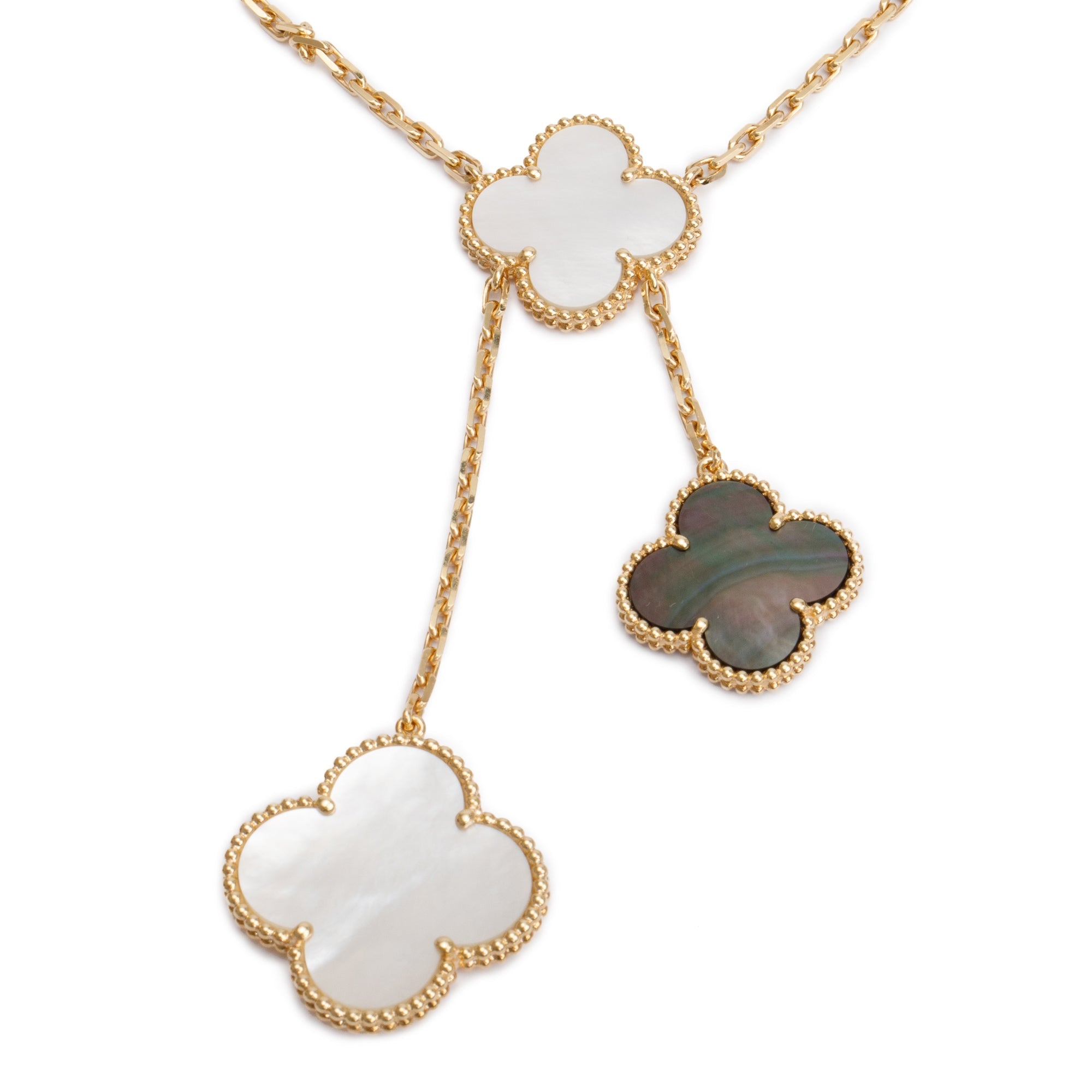 Van Cleef & Arpels 18k Yellow Gold Magic Alhambra 6 Motif Mother of Pearl & Onyx Necklace w/ Box, Certificate & Receipt