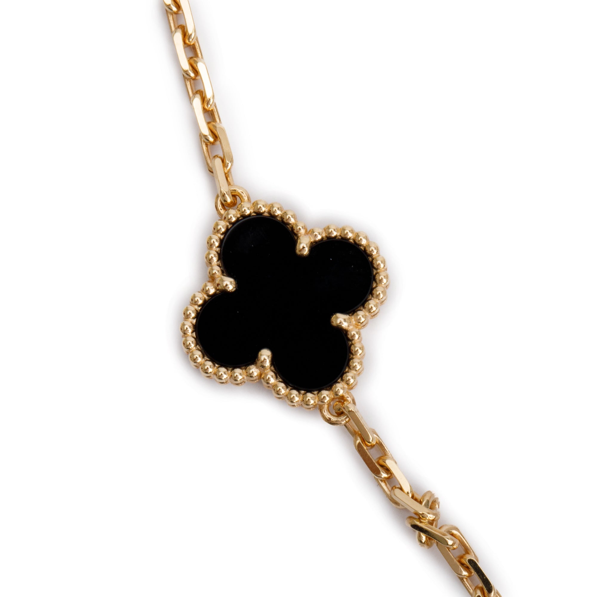 Van Cleef & Arpels 18k Yellow Gold Magic Alhambra 6 Motif Mother of Pearl & Onyx Necklace w/ Box, Certificate & Receipt