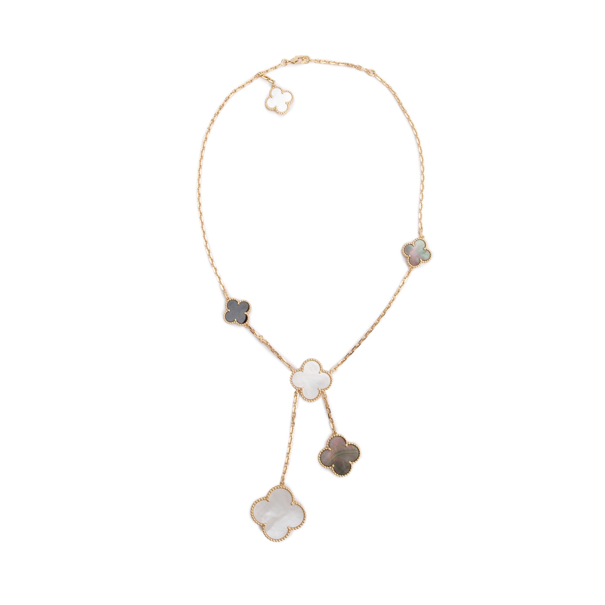 Van Cleef & Arpels 18k Yellow Gold Magic Alhambra 6 Motif Mother of Pearl & Onyx Necklace w/ Box, Certificate & Receipt