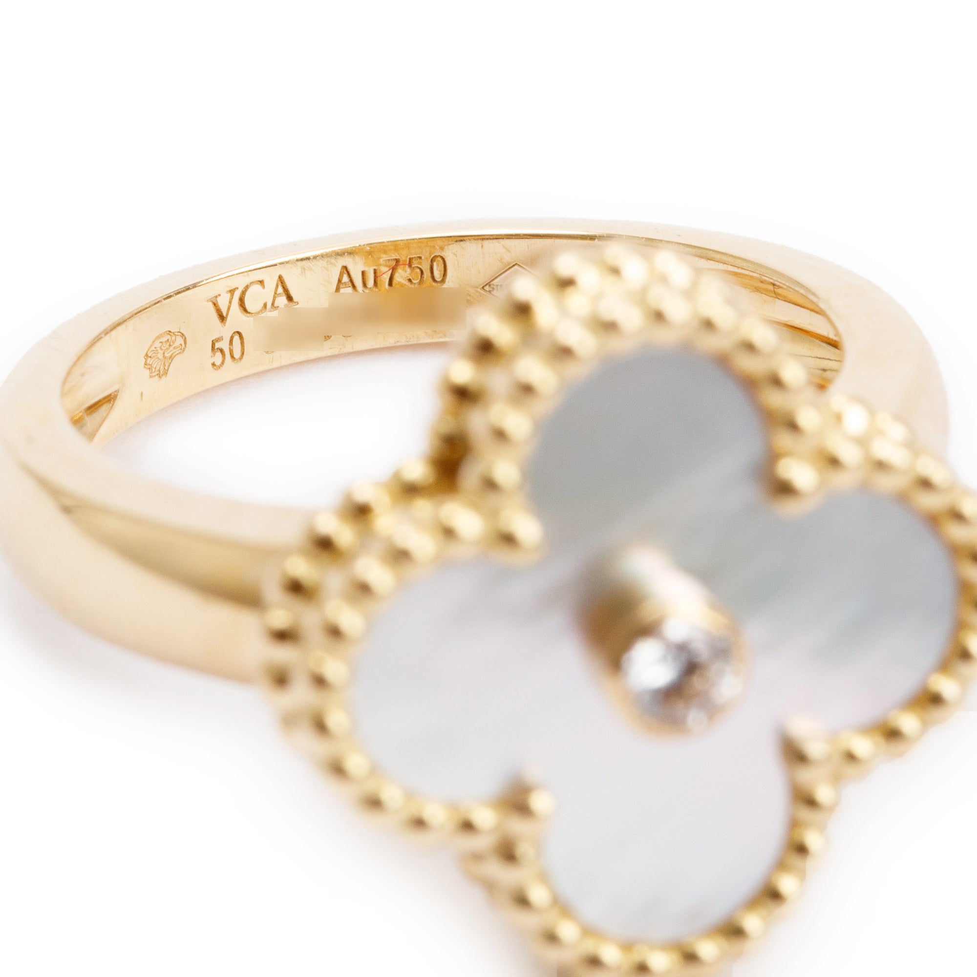 Van Cleef & Arpels 18k Yellow Gold Mother of Pearl & Diamond Vintage Alhambra Ring, Size 50 5.25 w/ Box