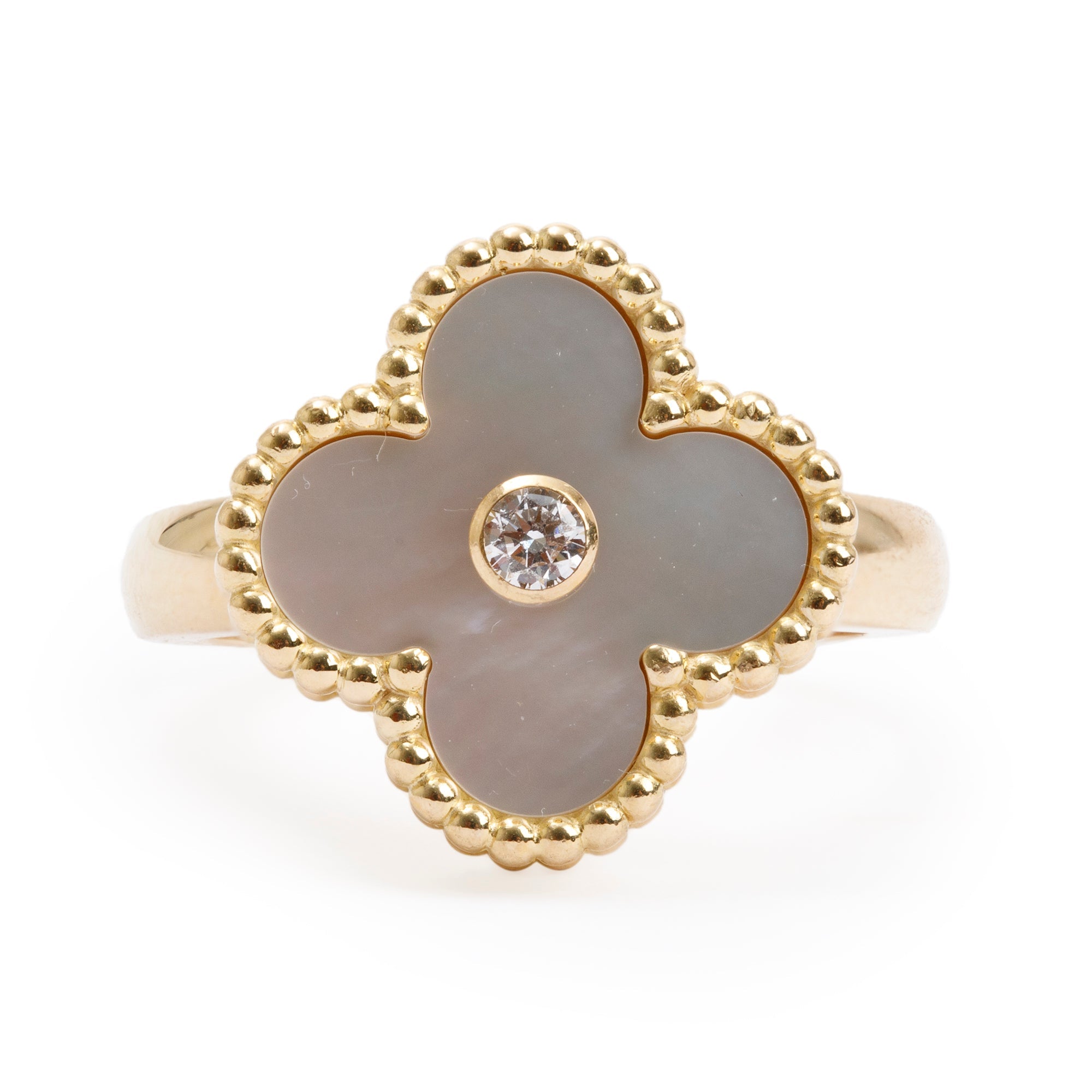 Van Cleef & Arpels 18k Yellow Gold Mother of Pearl & Diamond Vintage Alhambra Ring, Size 50 5.25 w/ Box