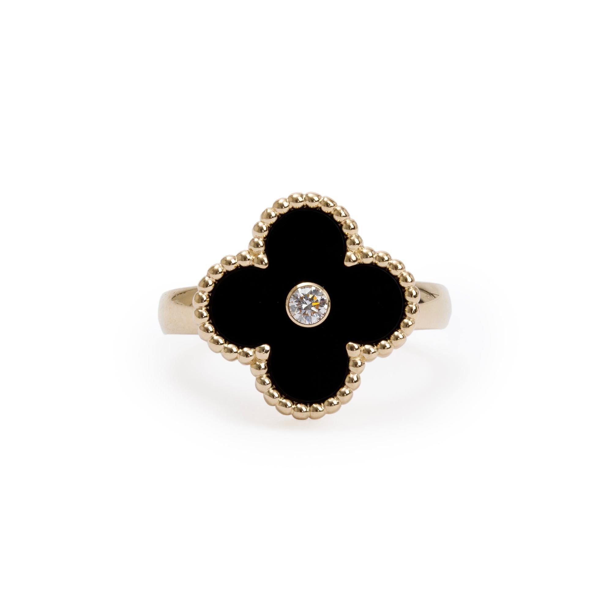 Van Cleef & Arpels 18k Yellow Gold Onyx & Diamond Vintage Alhambra Ring, Size 50 5.25 w/ Box, Certificate & Receipt