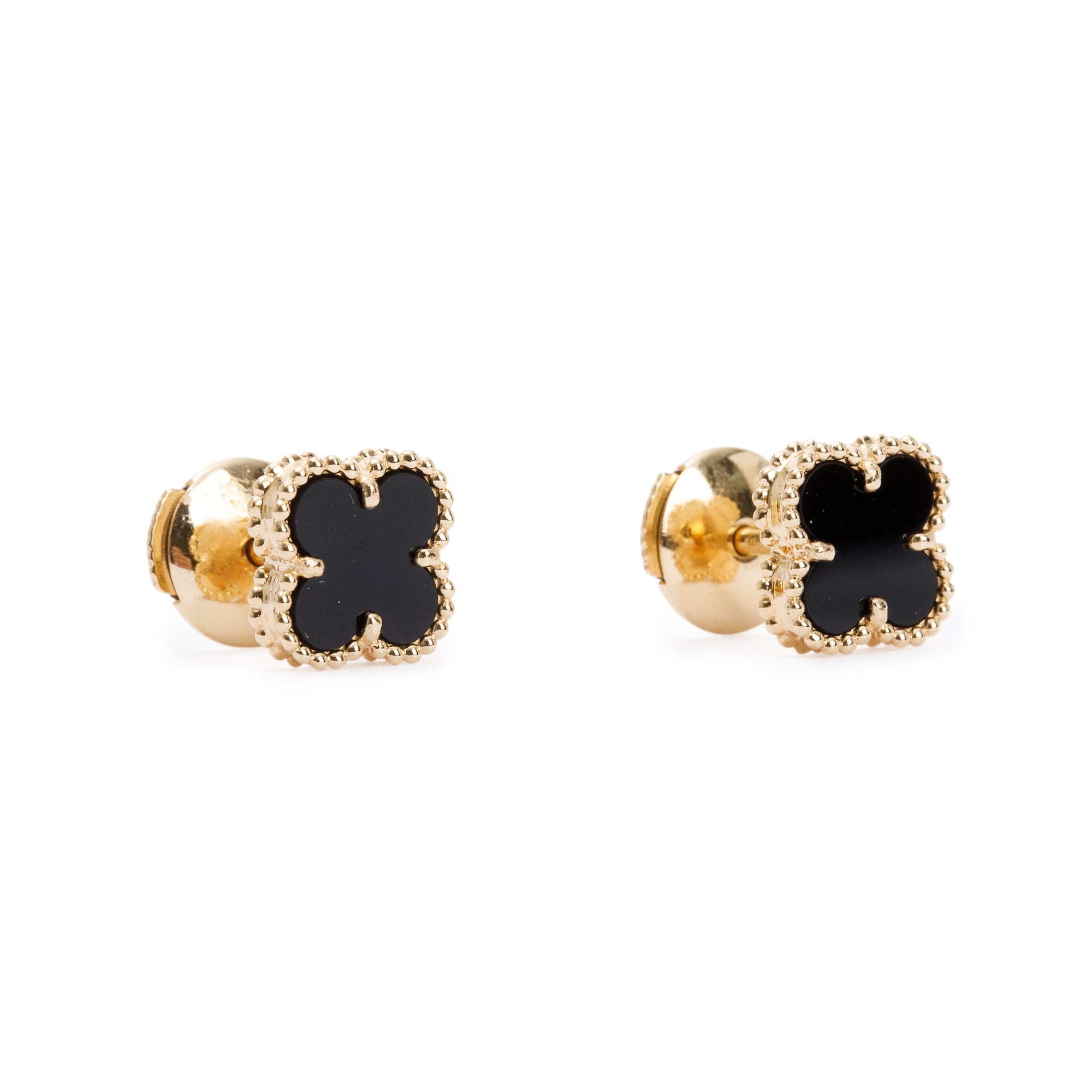 Van Cleef & Arpels 18k Yellow Gold Sweet Alhambra Onyx Stud Earrings w/ Box
