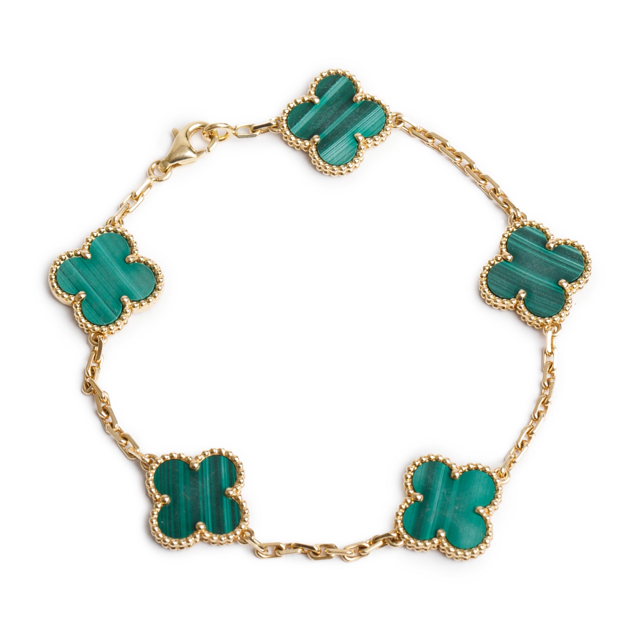 Van Cleef & Arpels 18k Yellow Gold Vintage 5 Motif Malachite Bracelet