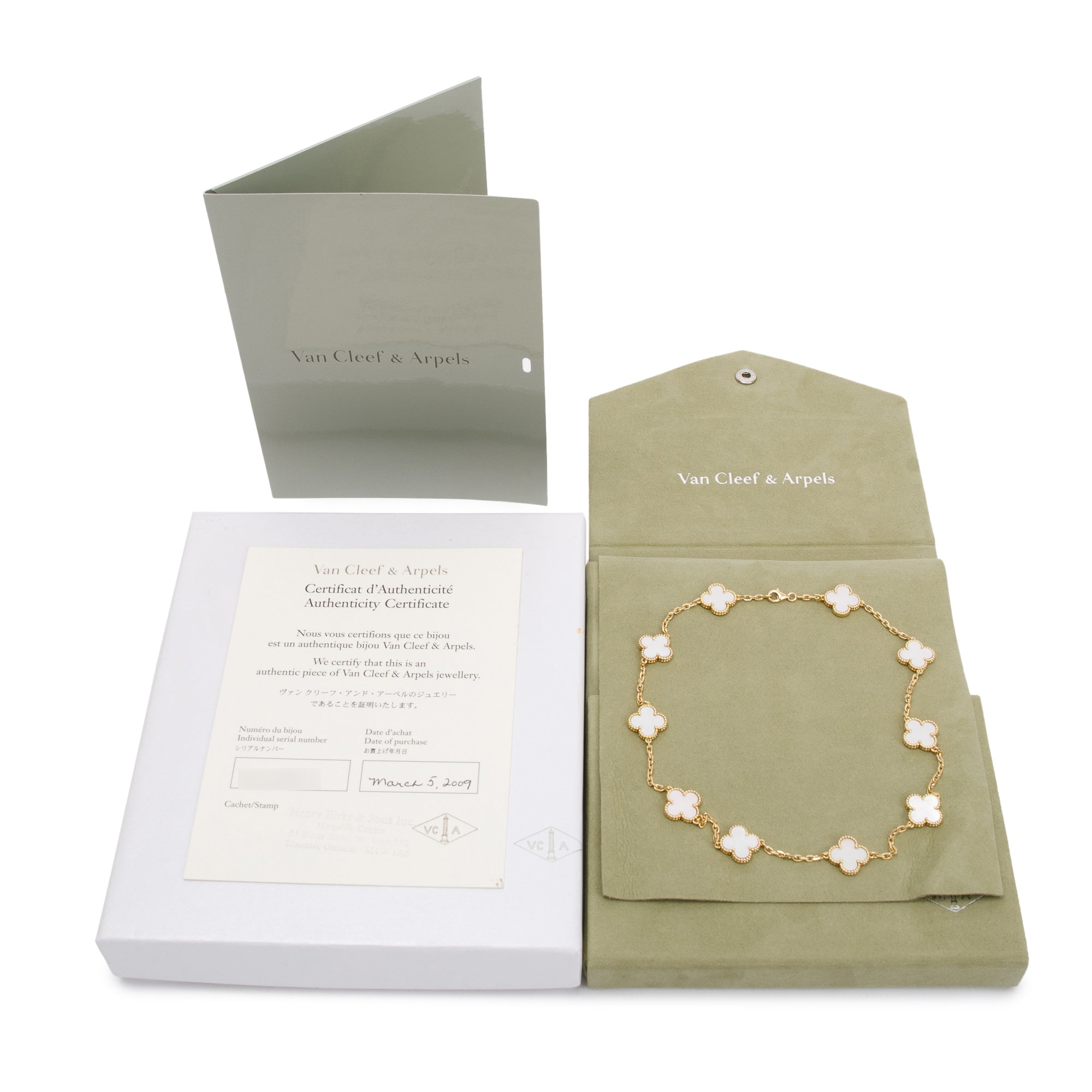 Van Cleef & Arpels 18k Yellow Gold Vintage Alhambra 10 Motif Mother of Pearl Necklace w/ Box & Certificate