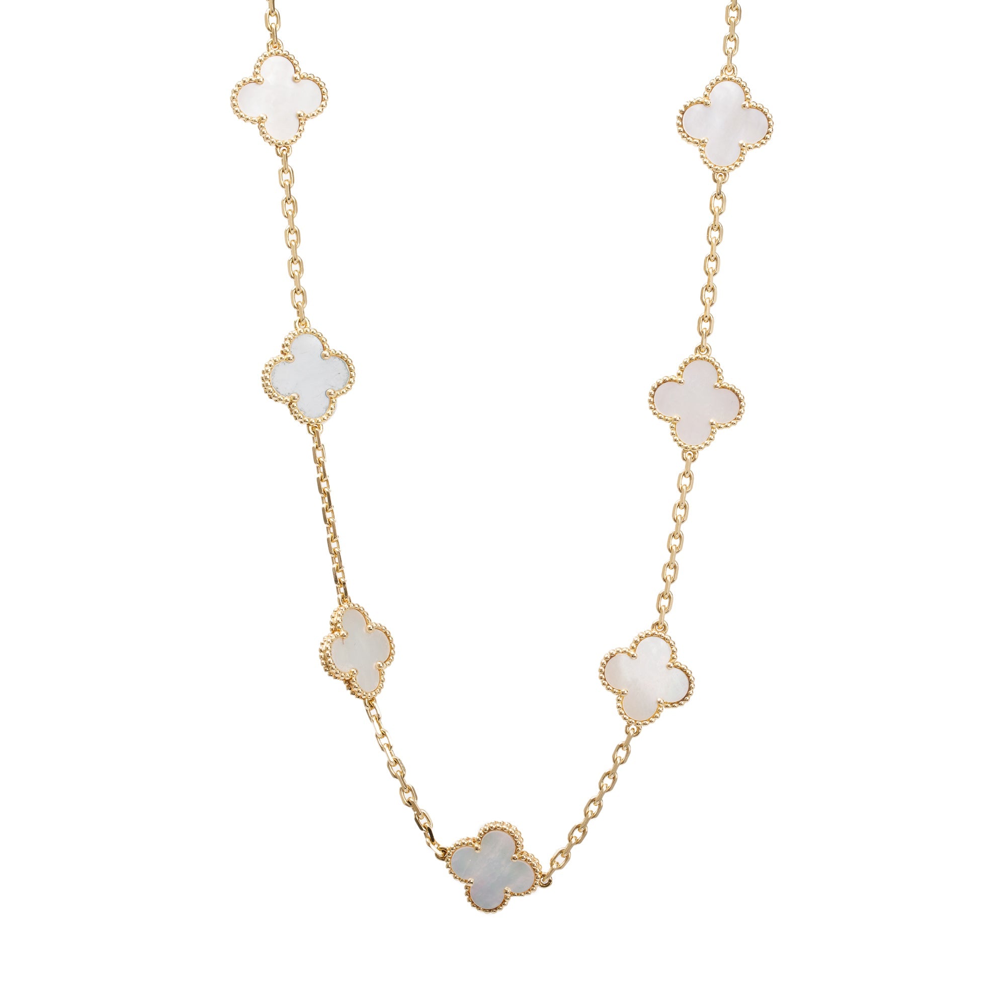 Van Cleef & Arpels 18k Yellow Gold Vintage Alhambra 10 Motif Mother of Pearl Necklace w/ Box & Certificate