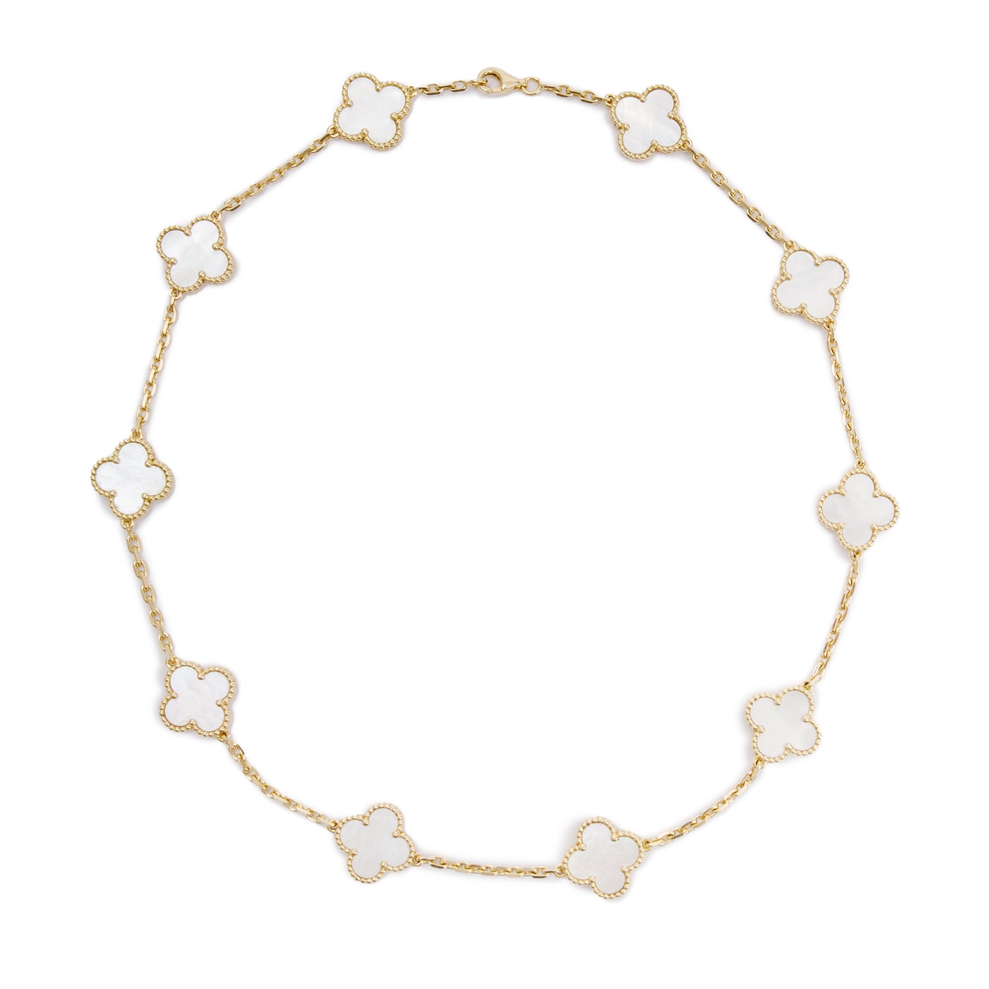 Van Cleef & Arpels 18k Yellow Gold Vintage Alhambra 10 Motif Mother of Pearl Necklace w/ Box & Certificate