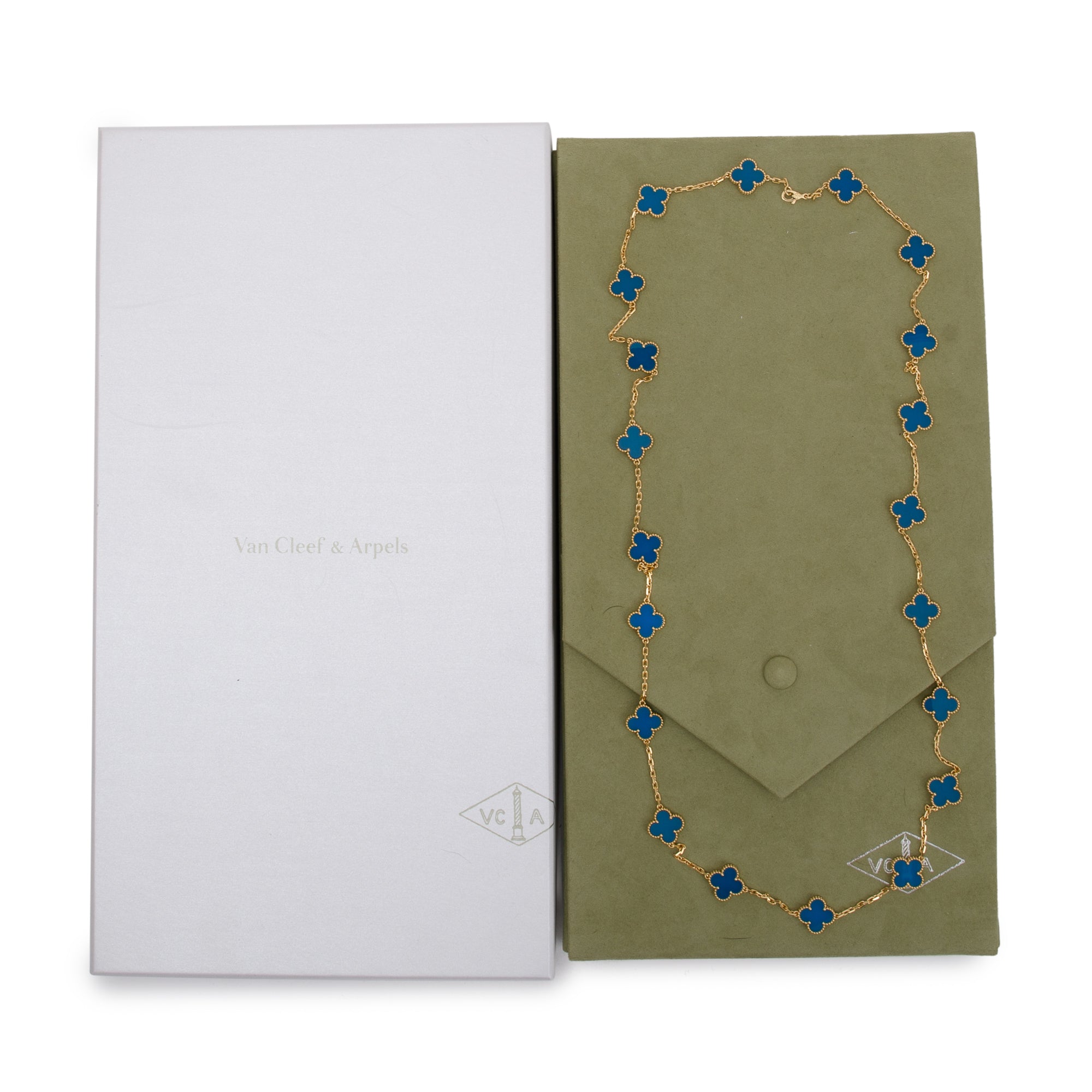 Van Cleef & Arpels 18k Yellow Gold Vintage Alhambra 20 Motif Blue Agate Long Necklace w/ Box & Certificate