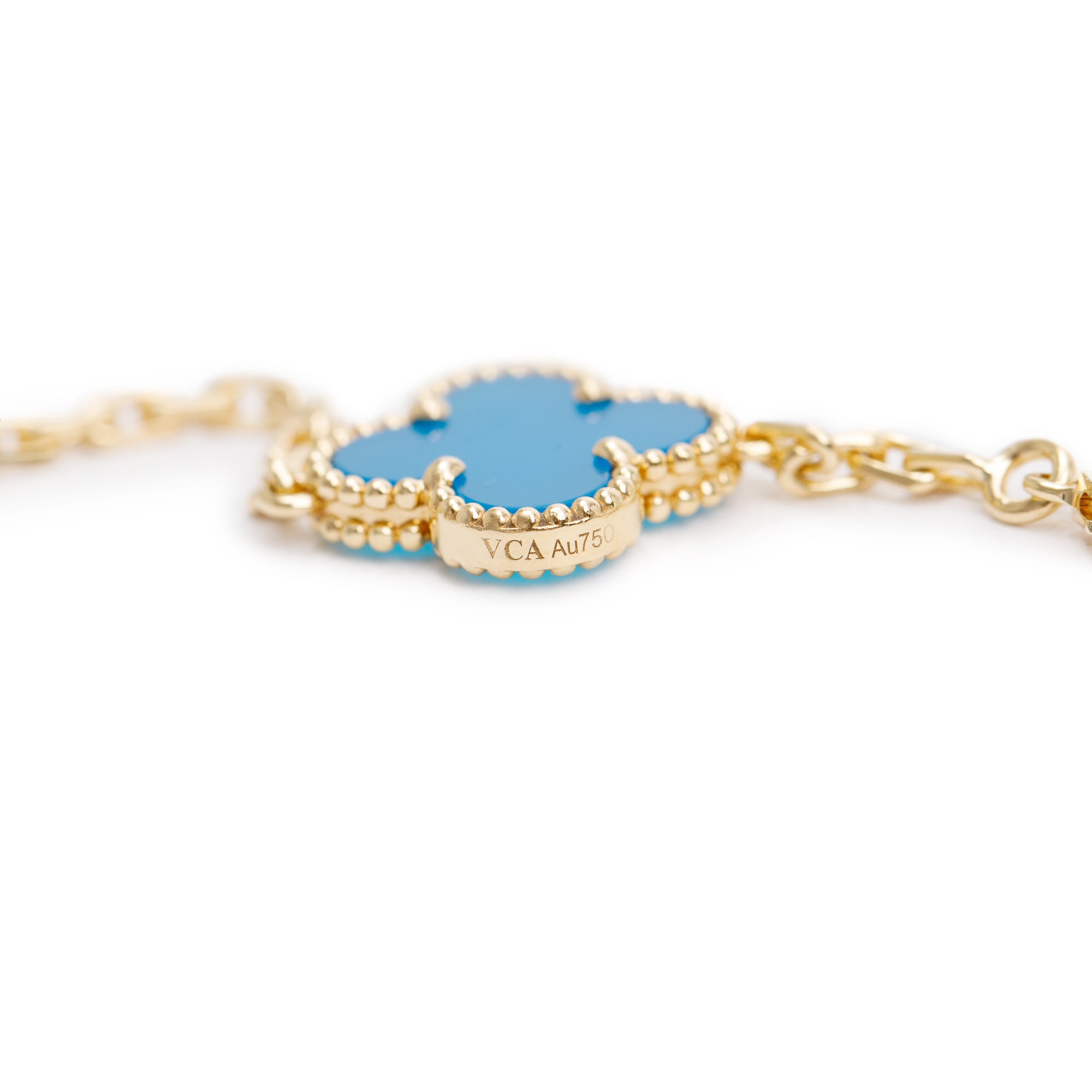 Van Cleef & Arpels 18k Yellow Gold Vintage Alhambra 20 Motif Blue Agate Long Necklace w/ Box & Certificate