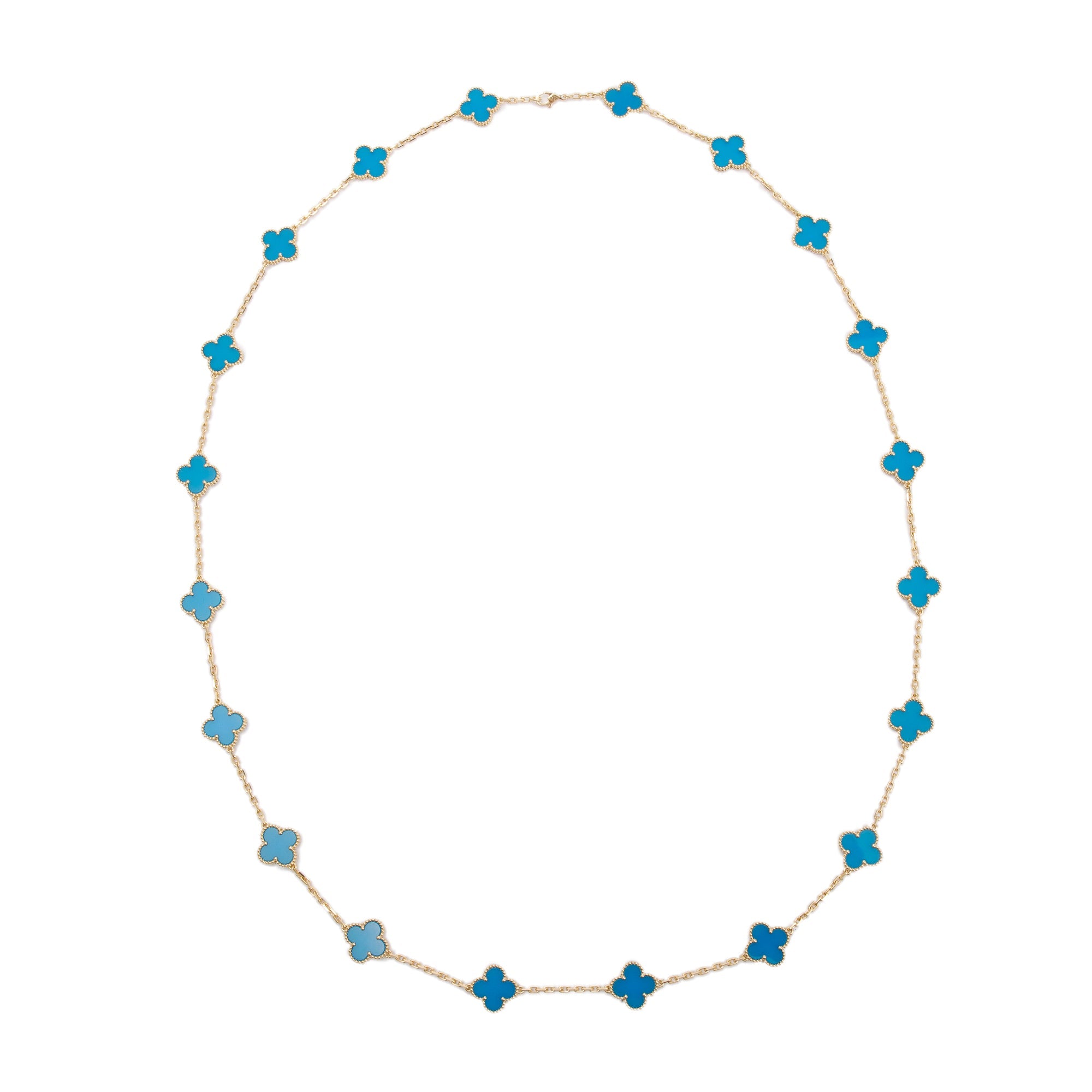 Van Cleef & Arpels 18k Yellow Gold Vintage Alhambra 20 Motif Blue Agate Long Necklace w/ Box & Certificate