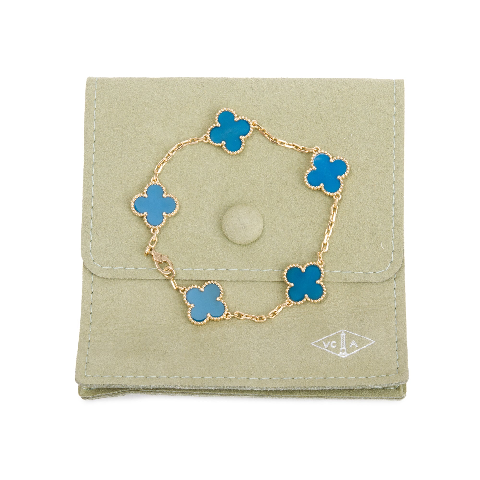 Van Cleef & Arpels 18k Yellow Gold Vintage Alhambra 5 Motif Blue Agate Bracelet