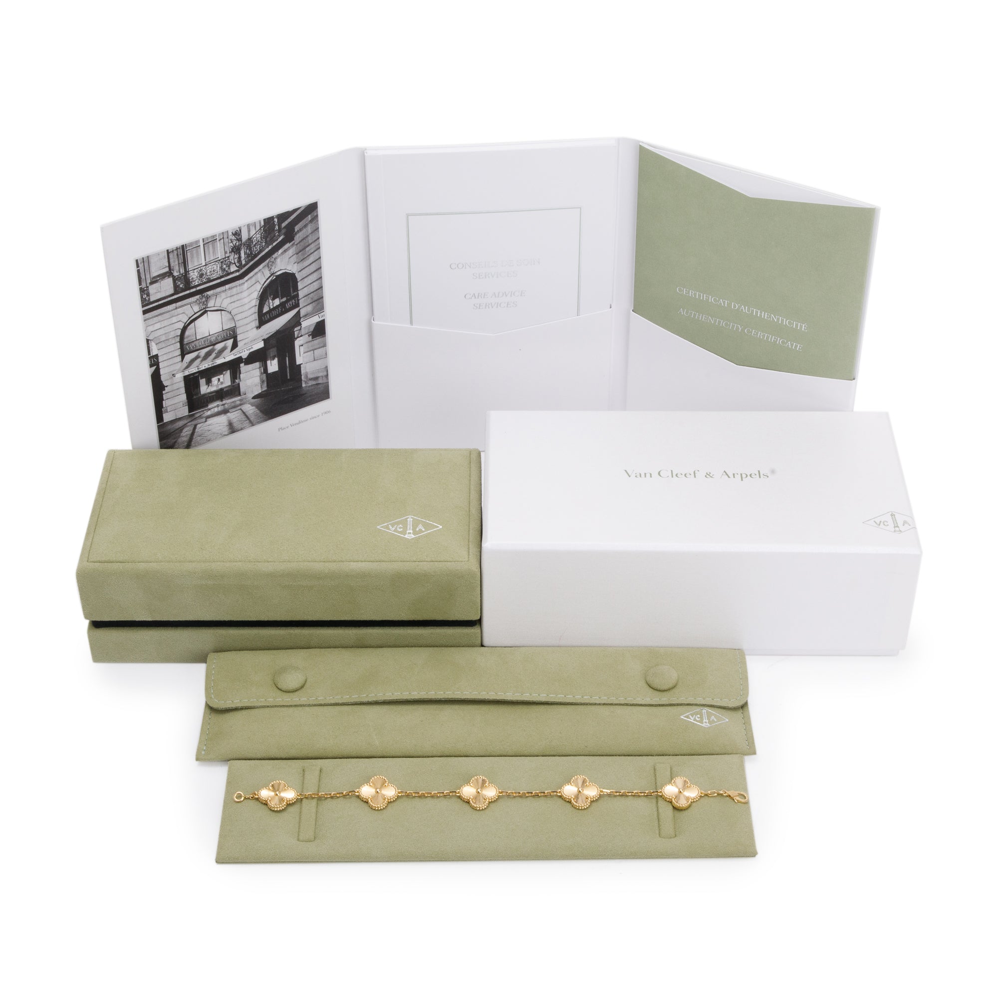 Van Cleef & Arpels 18k Yellow Gold Vintage Alhambra 5 Motif Bracelet w/ Box & Certificate