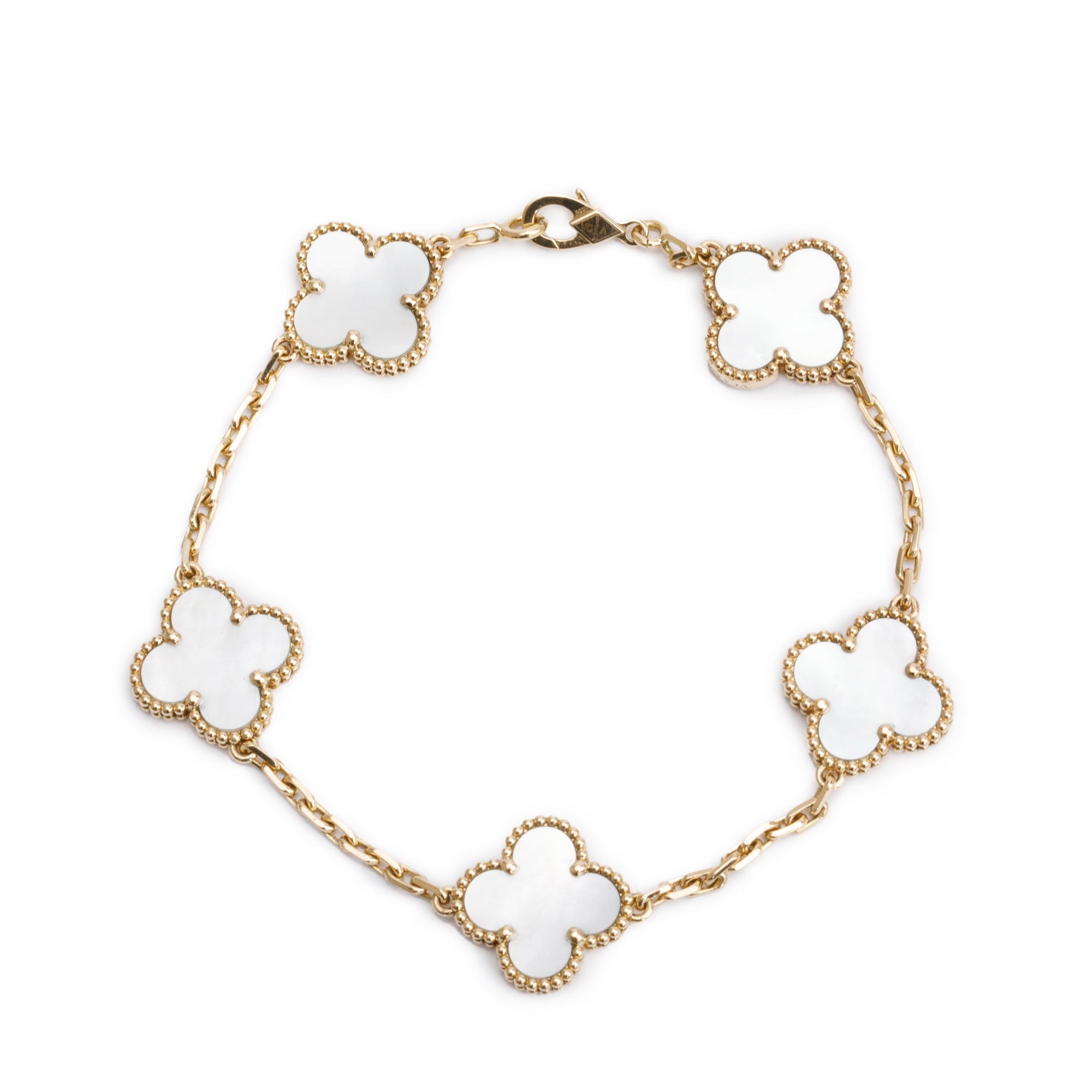 Van Cleef & Arpels 18k Yellow Gold Vintage Alhambra 5 Motif Mother of Pearl Bracelet w/ Box, Receipt & Certificate