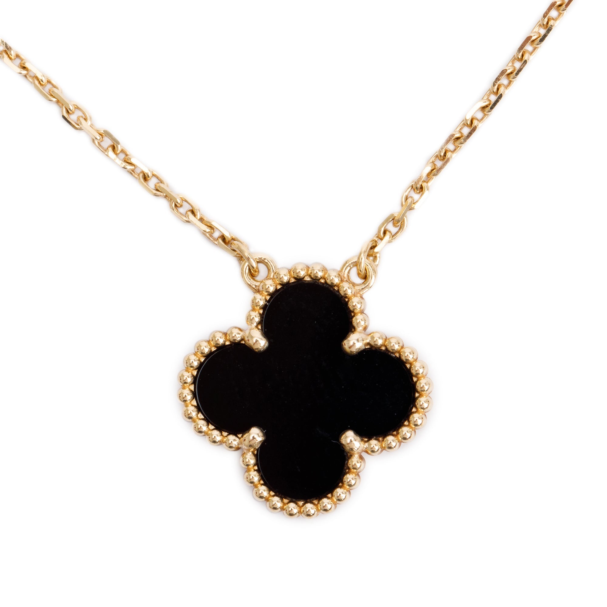 Van Cleef & Arpels 18k Yellow Gold Vintage Alhambra Black Onyx Pendant Necklace w/ Box