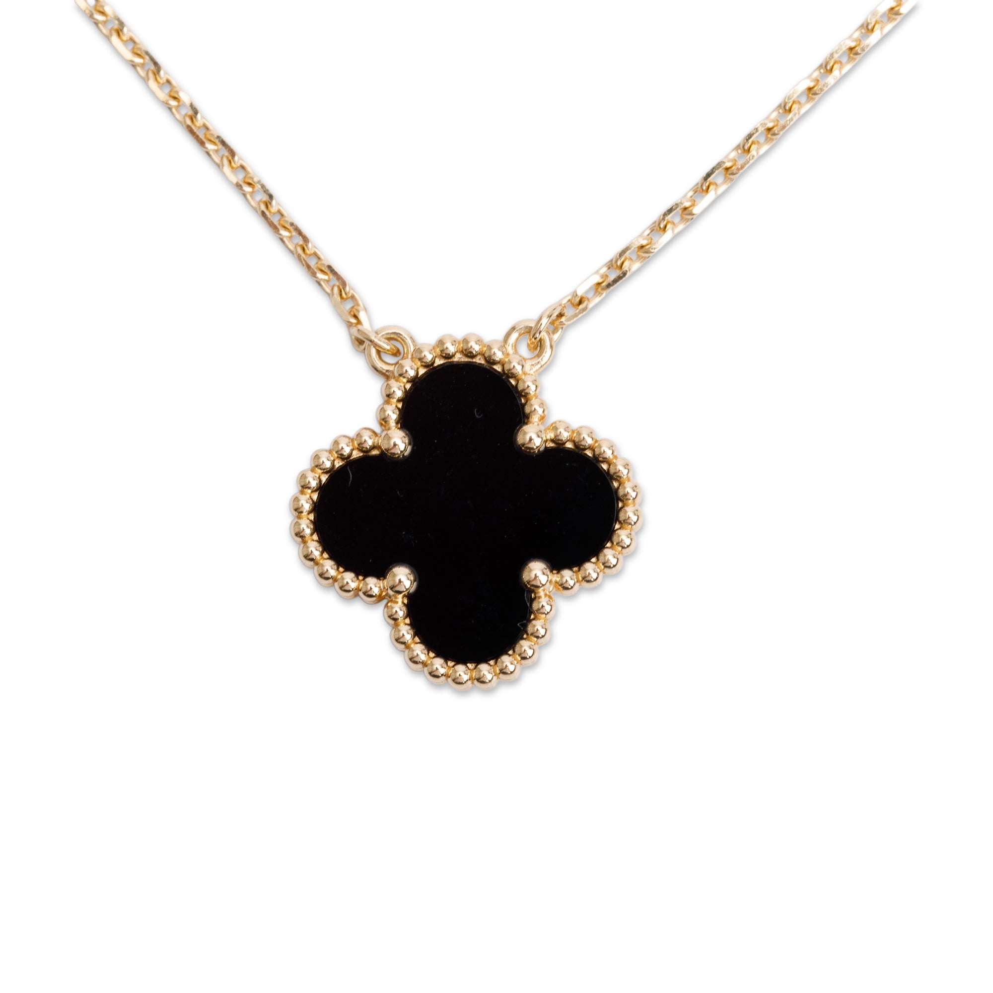 Van Cleef & Arpels 18k Yellow Gold Vintage Alhambra Black Onyx Pendant Necklace w/ Box
