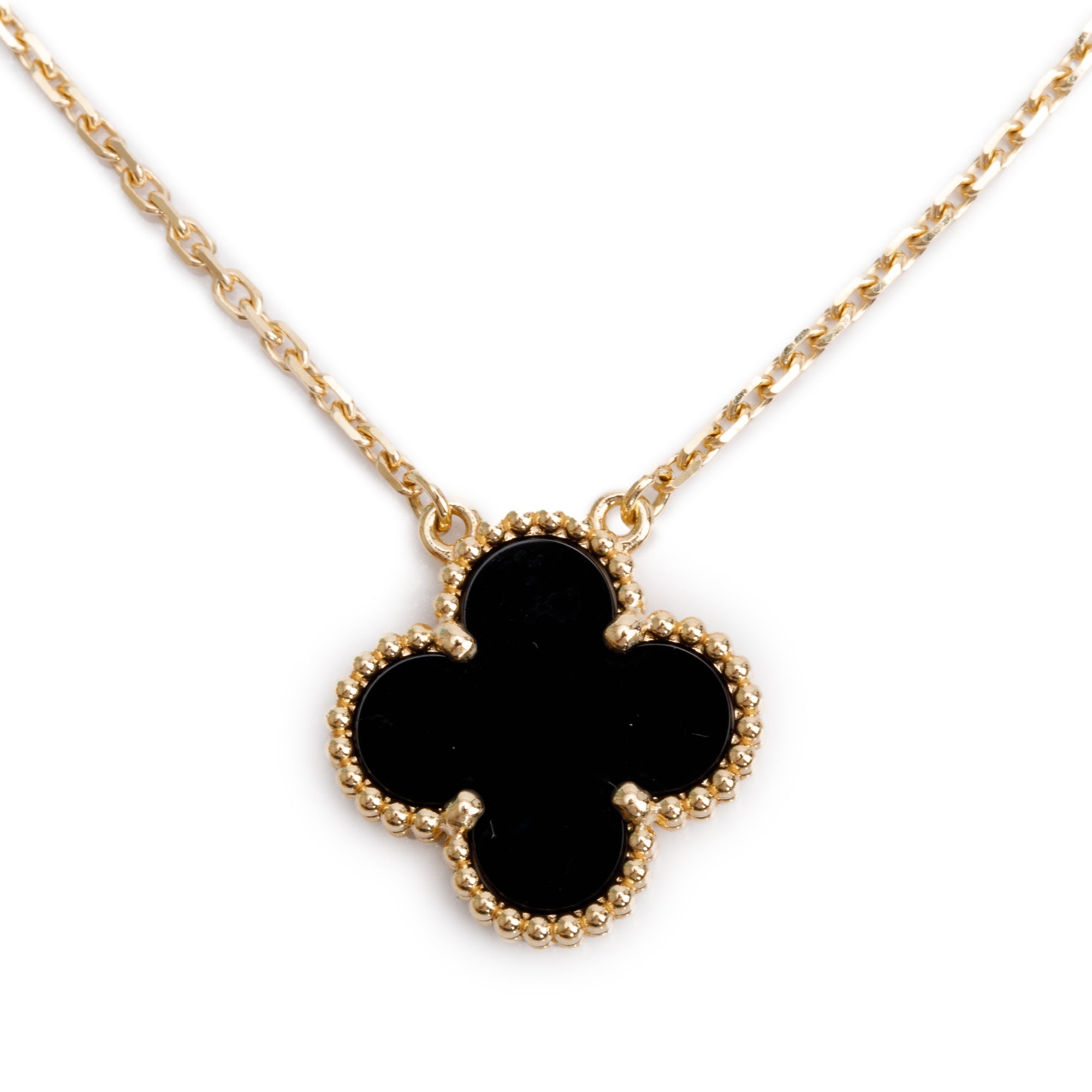 Van Cleef & Arpels 18k Yellow Gold Vintage Alhambra Black Onyx Pendant Necklace w/ Box, Receipt & Certificate