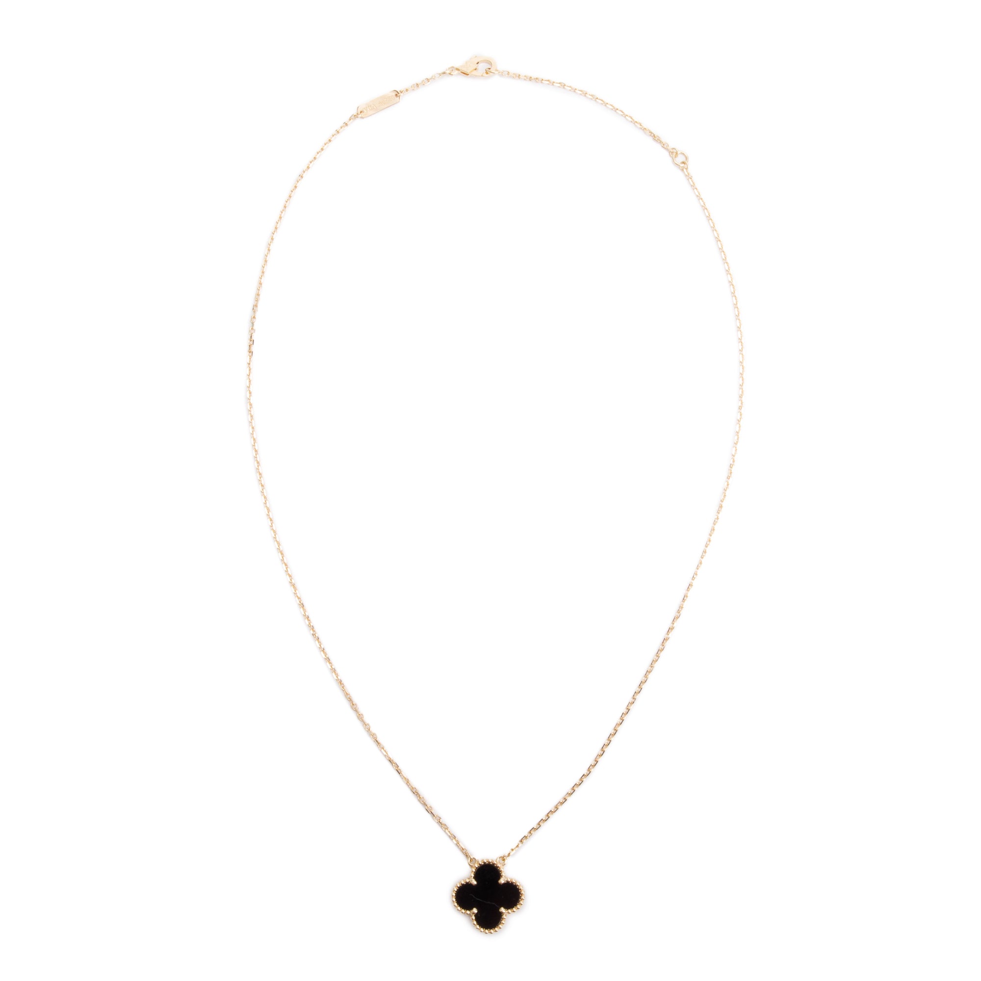 Van Cleef & Arpels 18k Yellow Gold Vintage Alhambra Black Onyx Pendant Necklace w/ Box, Receipt & Certificate