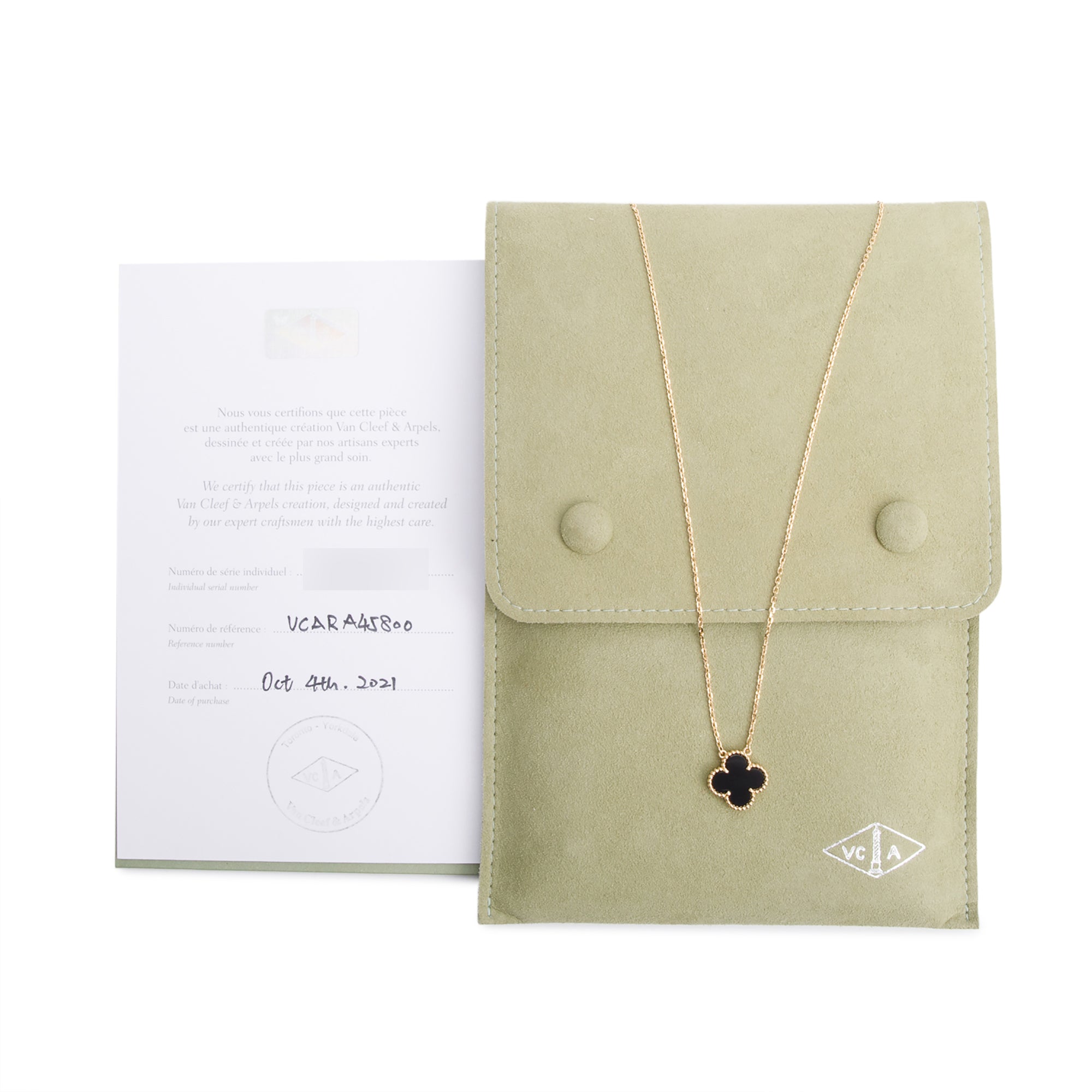 Van Cleef & Arpels 18k Yellow Gold Vintage Alhambra Black Onyx Pendant Necklace w/ Pouch, Receipt & Certificate