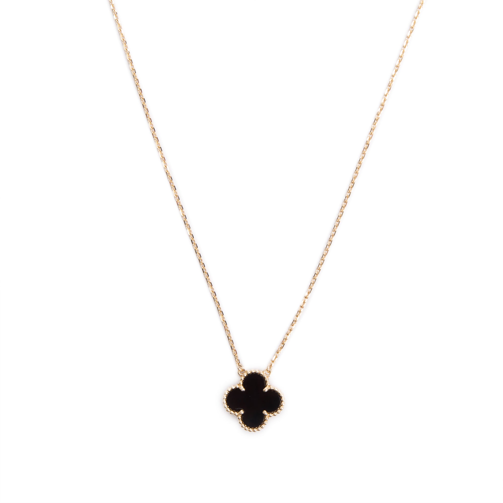 Van Cleef & Arpels 18k Yellow Gold Vintage Alhambra Black Onyx Pendant Necklace w/ Pouch, Receipt & Certificate