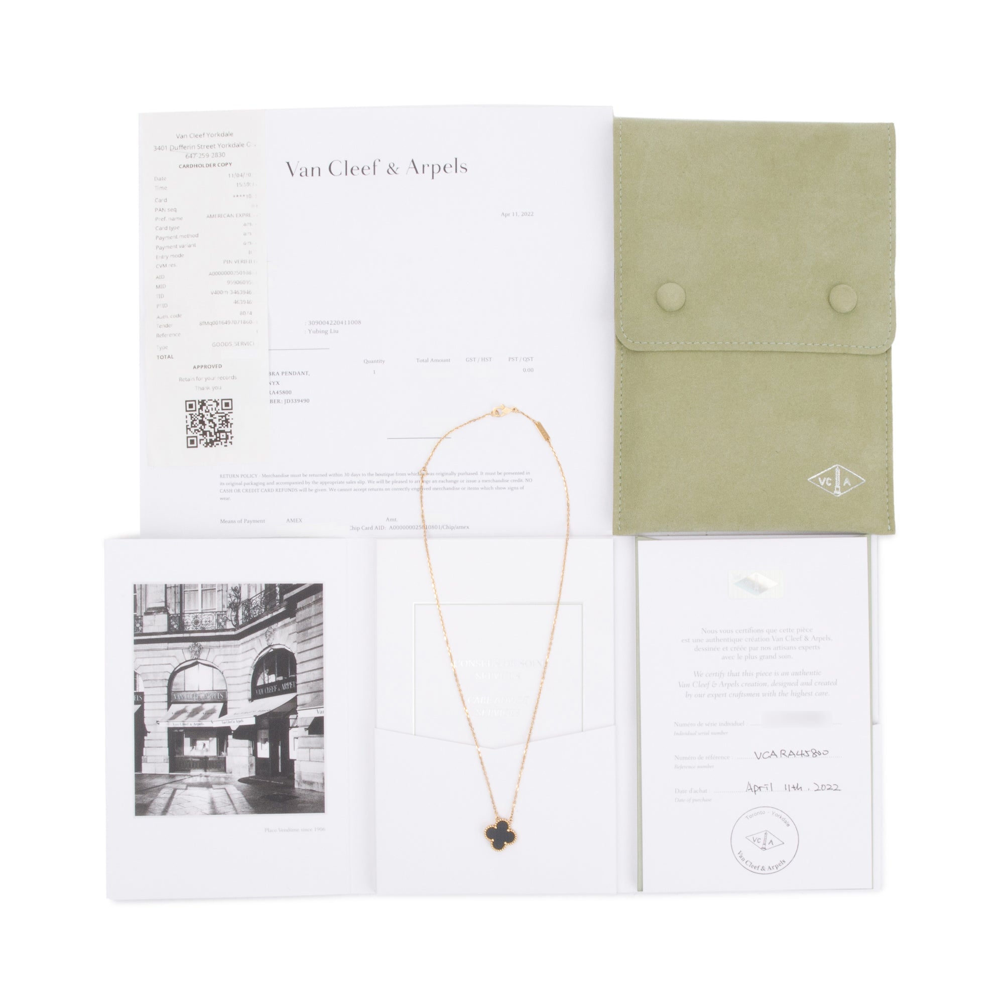 Van Cleef & Arpels 18k Yellow Gold Vintage Alhambra Black Onyx Pendant Necklace w/ Receipt & Certificate