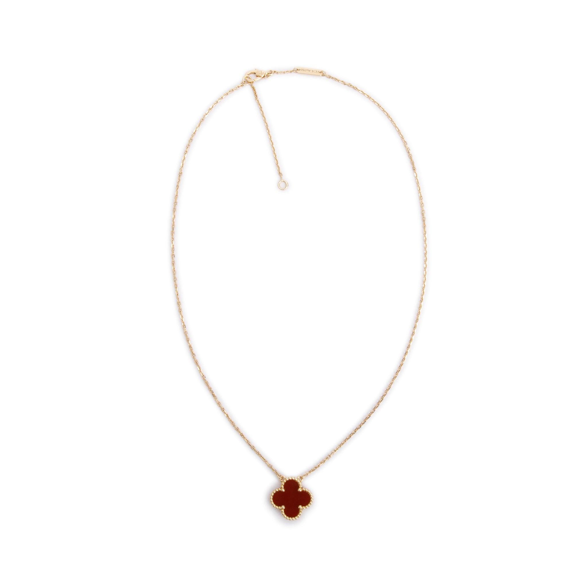 Van Cleef & Arpels 18k Yellow Gold Vintage Alhambra Carnelian Pendant Necklace w/ Pouch, Receipt & Certificate