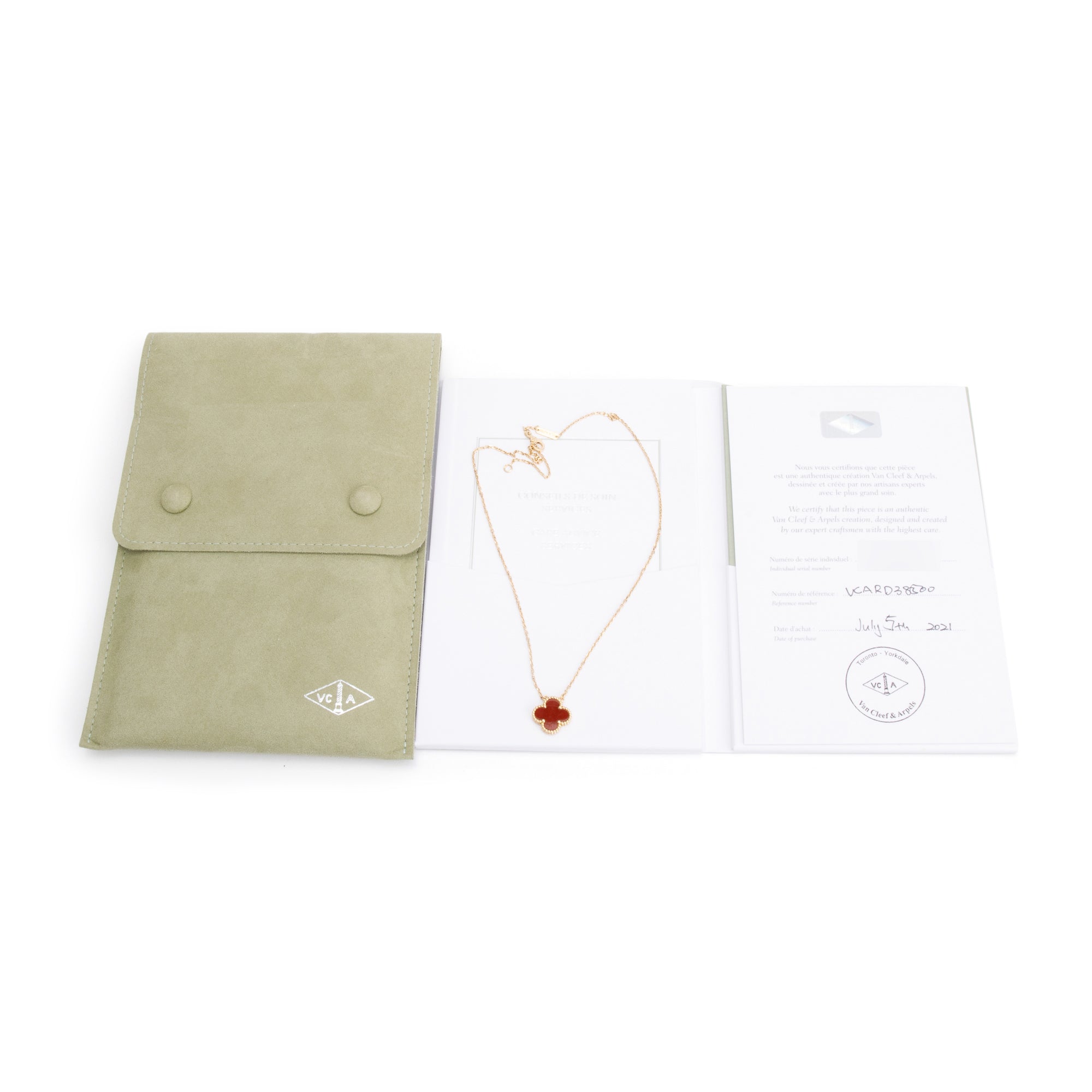 Van Cleef & Arpels 18k Yellow Gold Vintage Alhambra Carnelian Pendant Necklace w/ Pouch, Receipt & Certificate
