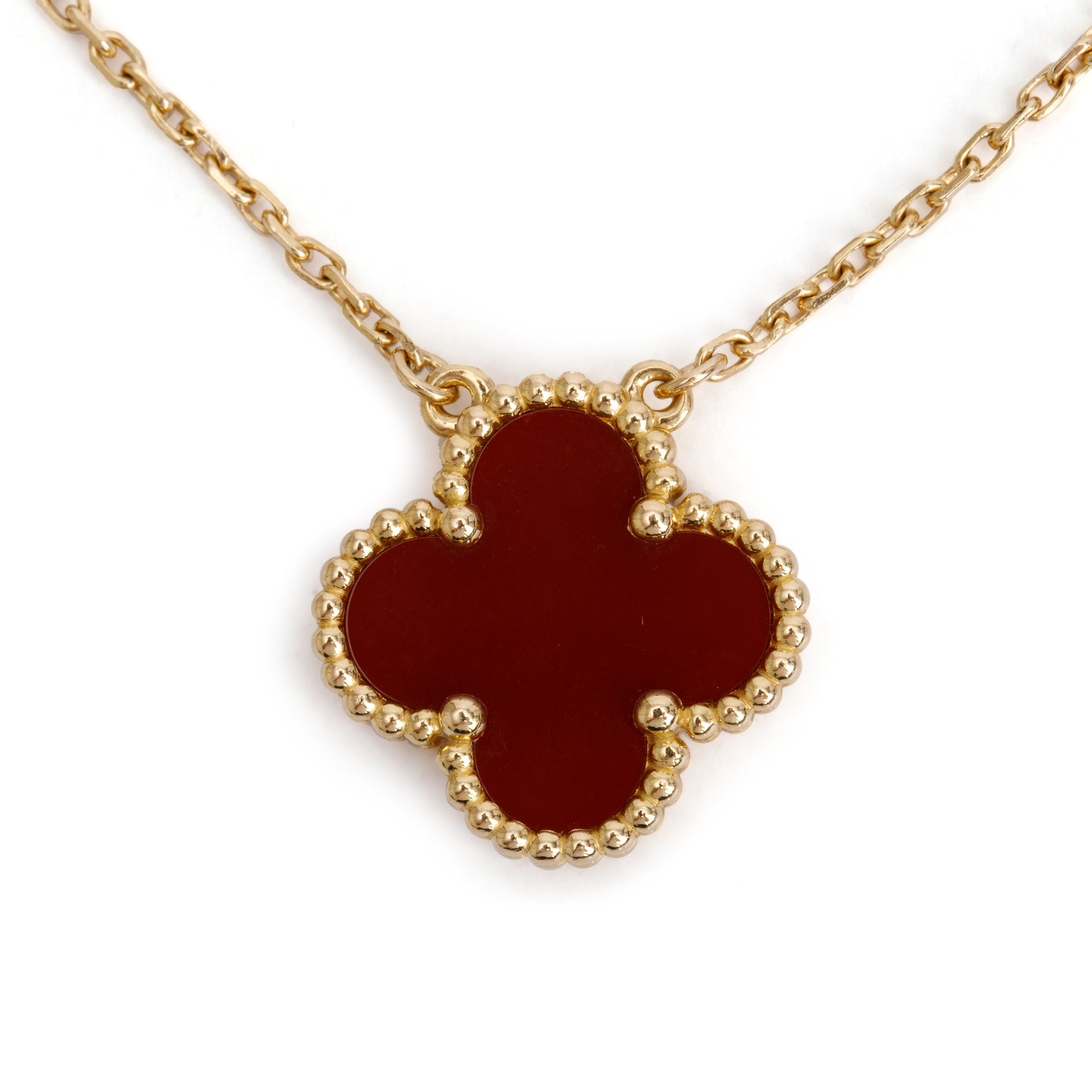 Van Cleef & Arpels 18k Yellow Gold Vintage Alhambra Carnelian Pendant Necklace w/ Pouch, Receipt & Certificate