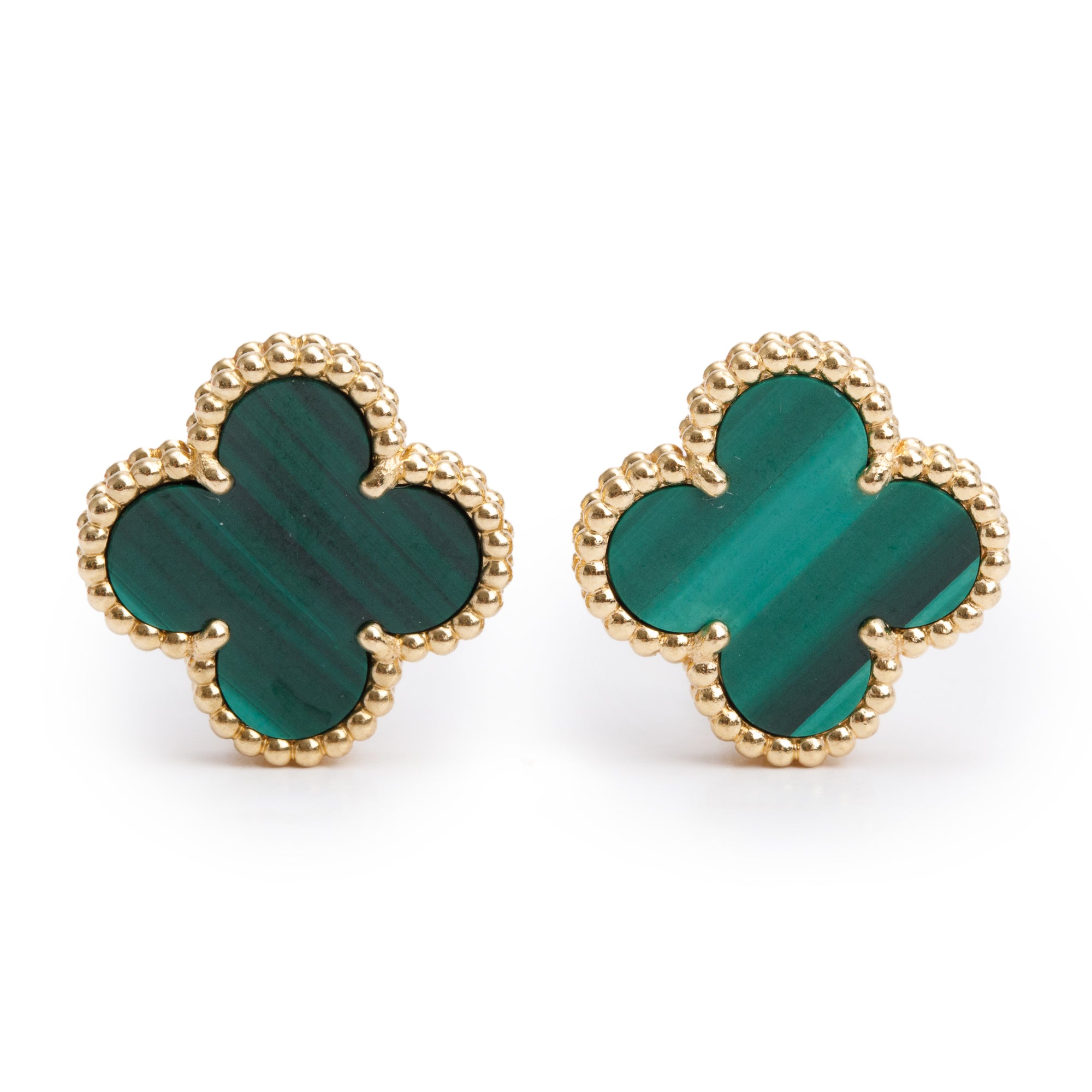 Van Cleef & Arpels 18k Yellow Gold Vintage Alhambra Malachite Stud Earrings