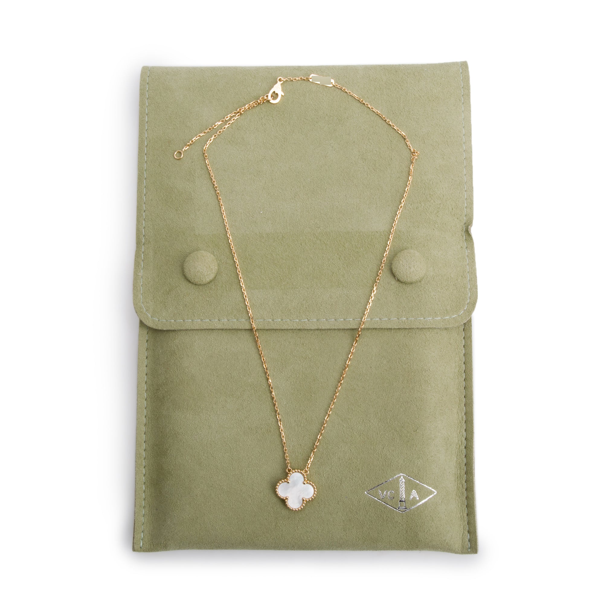 Van Cleef & Arpels 18k Yellow Gold Vintage Alhambra Mother of Pearl Pendant Necklace w/ Receipt & Cary Pouch