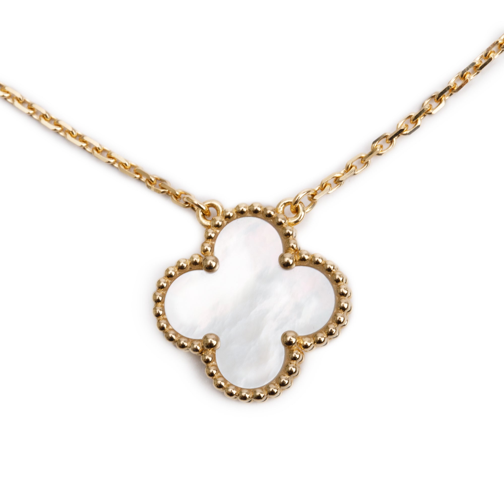 Van Cleef & Arpels 18k Yellow Gold Vintage Alhambra Mother of Pearl Pendant Necklace w/ Receipt & Cary Pouch