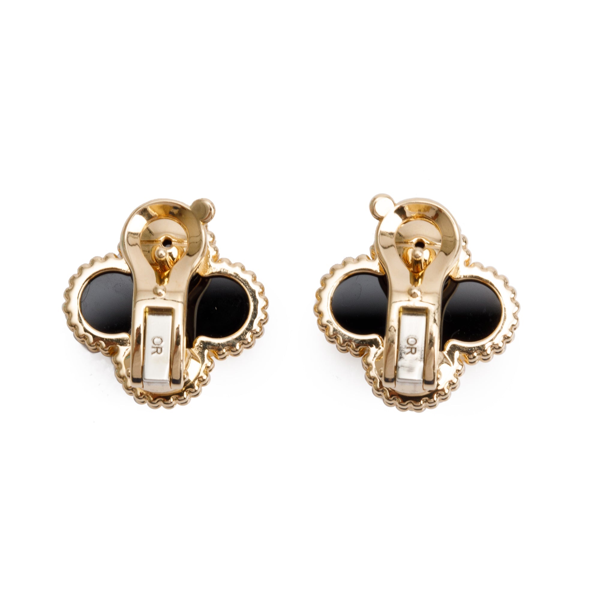 Van Cleef & Arpels 18k Yellow Gold Vintage Alhambra Onyx Stud Earrings w/ Box, Receipt & Certificate