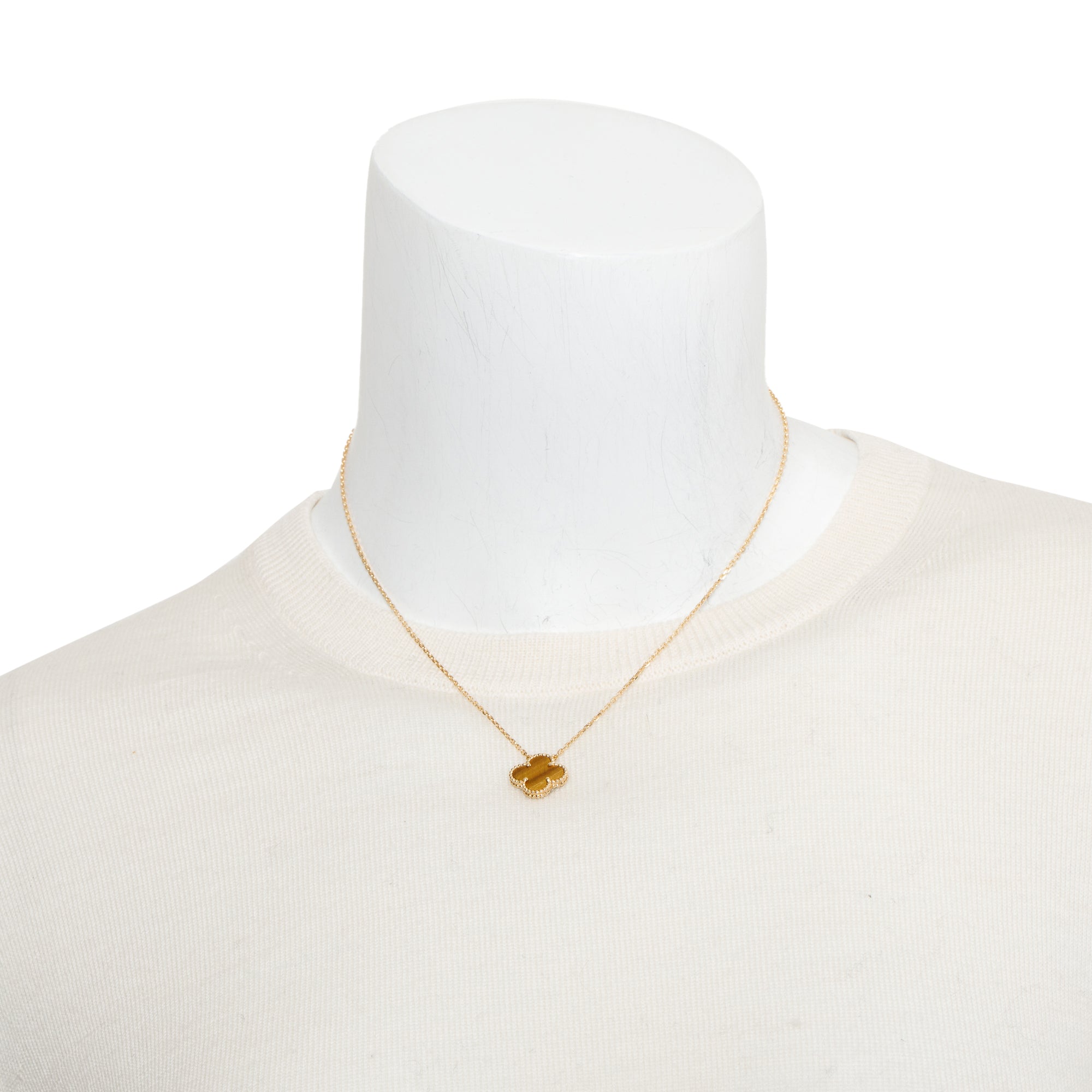Van Cleef & Arpels 18k Yellow Gold Vintage Alhambra Tiger Eye Pendant Necklace w/ Box & Receipt