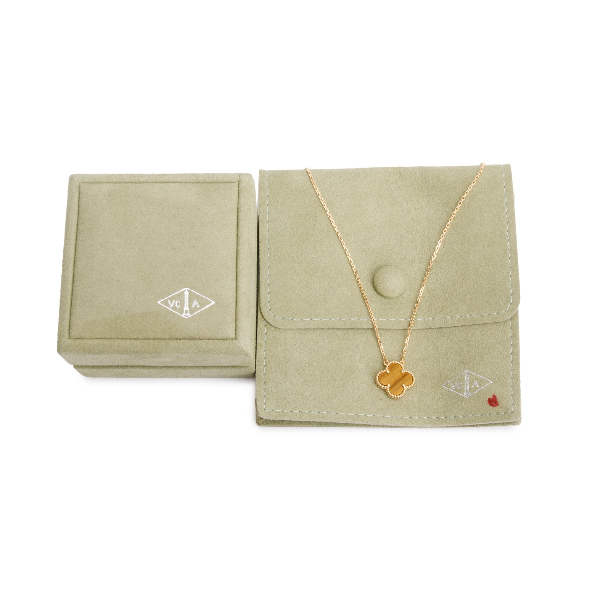 Van Cleef & Arpels 18k Yellow Gold Vintage Alhambra Tiger Eye Pendant Necklace w/ Box & Receipt