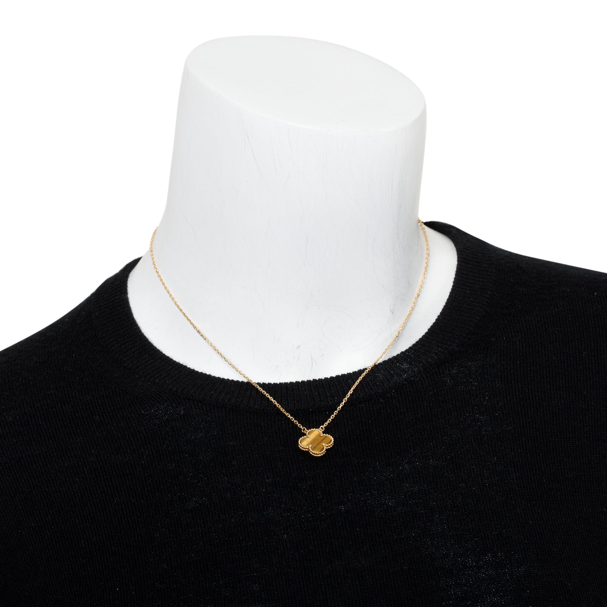 Van Cleef & Arpels 18k Yellow Gold Vintage Alhambra Tiger Eye Pendant Necklace w/ Box, Receipt & Certificate