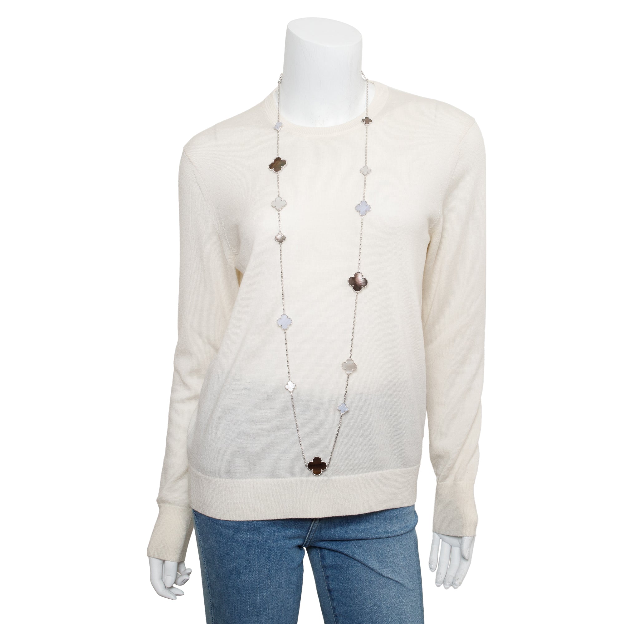 Van Cleef & Arpels 2021 18k White Gold Chalcedony & Mother of Pearl 16 Motif Magic Alhambra Long Necklace w/ Box & Certificate