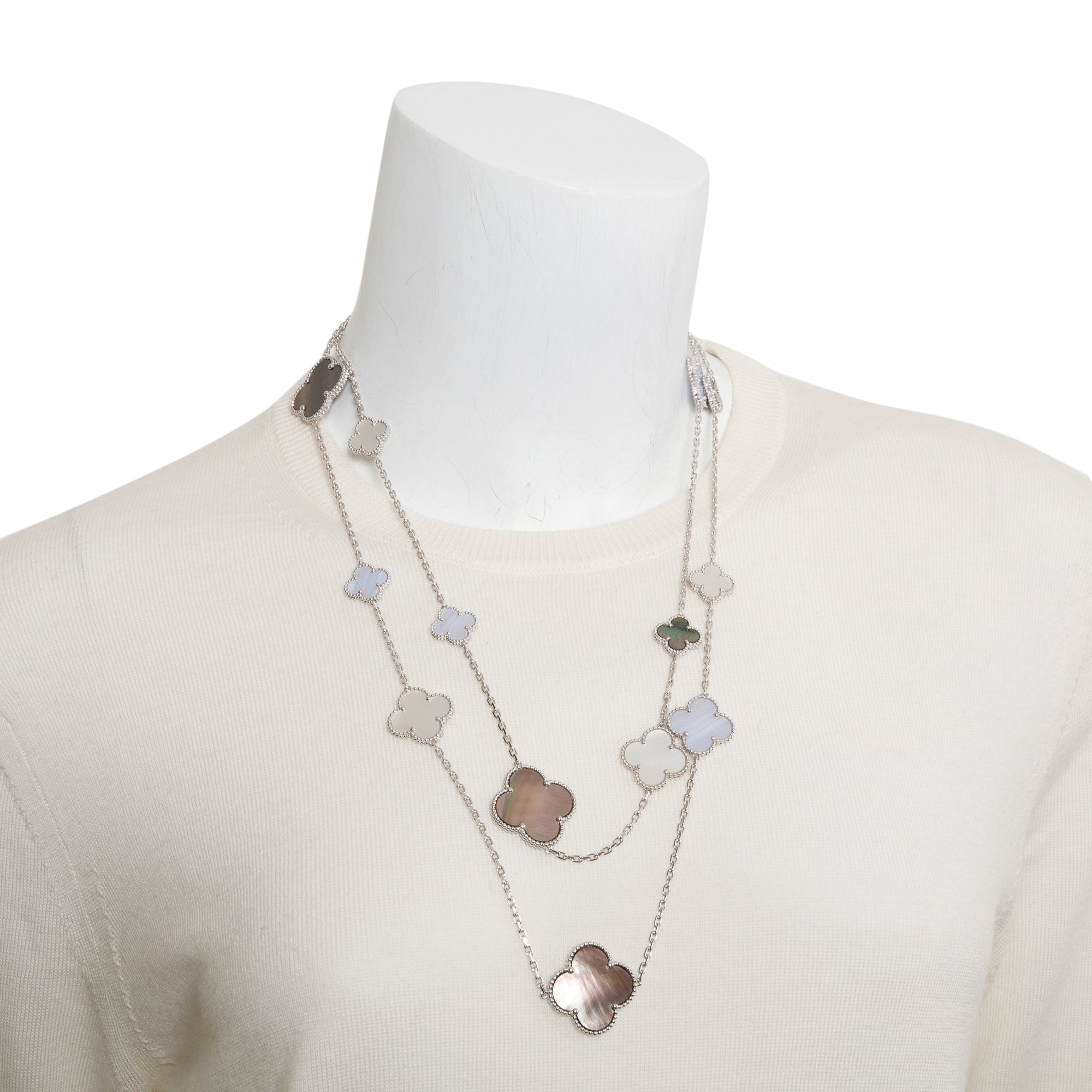 Van Cleef & Arpels 2021 18k White Gold Chalcedony & Mother of Pearl 16 Motif Magic Alhambra Long Necklace w/ Box & Certificate