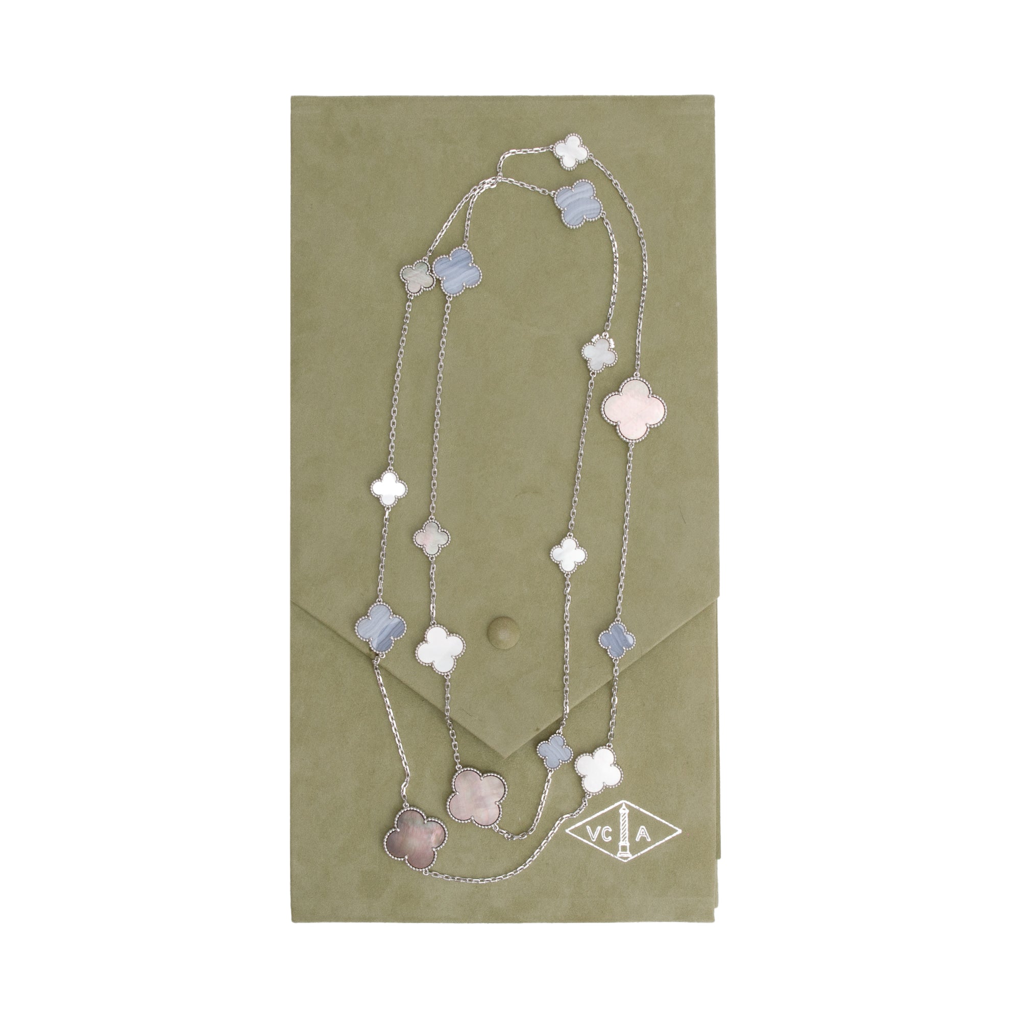Van Cleef & Arpels 2021 18k White Gold Chalcedony & Mother of Pearl 16 Motif Magic Alhambra Long Necklace w/ Box & Certificate