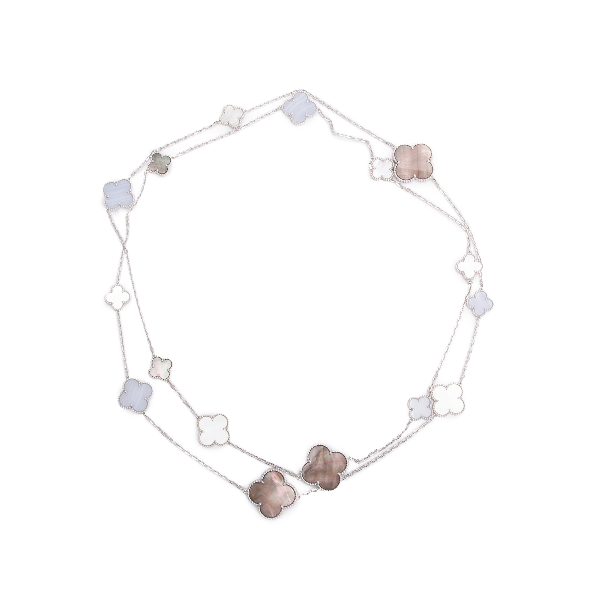 Van Cleef & Arpels 2021 18k White Gold Chalcedony & Mother of Pearl 16 Motif Magic Alhambra Long Necklace w/ Box & Certificate