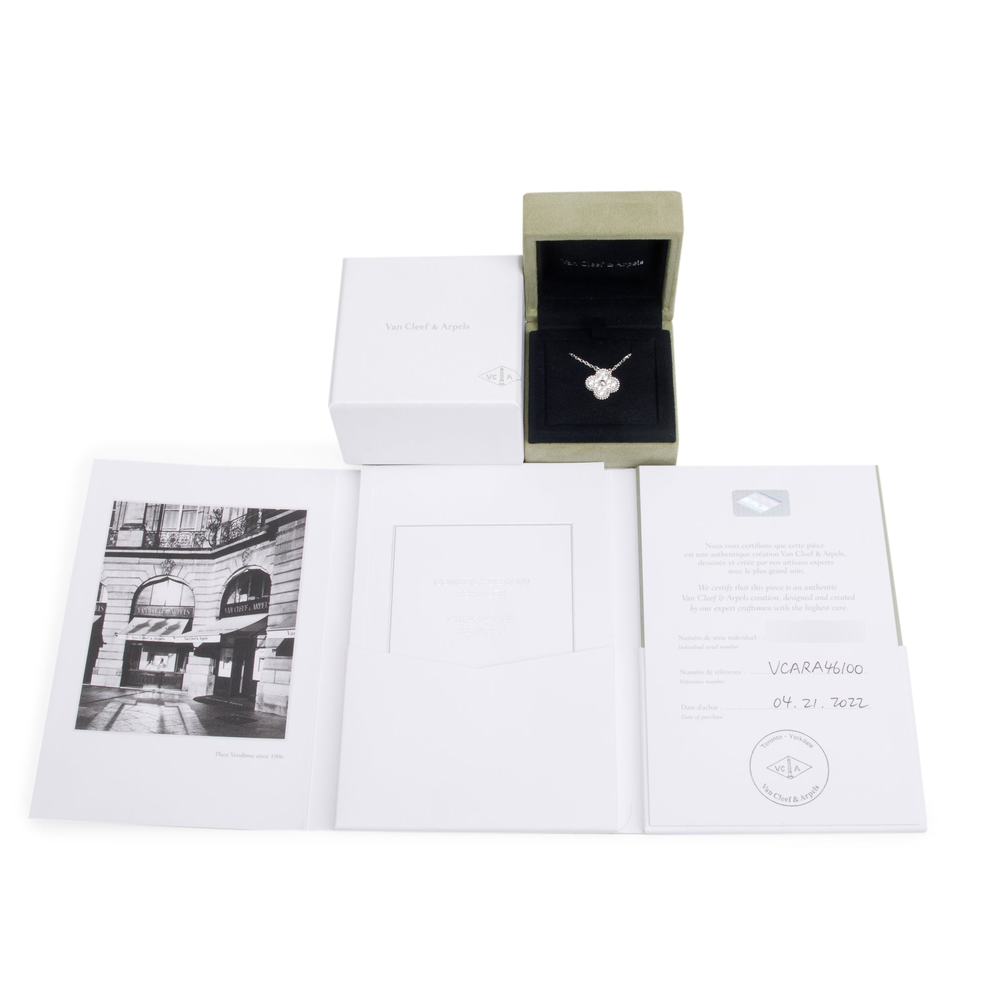 Van Cleef & Arpels 2022 18k White Gold Diamond Vintage Alhambra Pendant Necklace w/ Box & Certificate