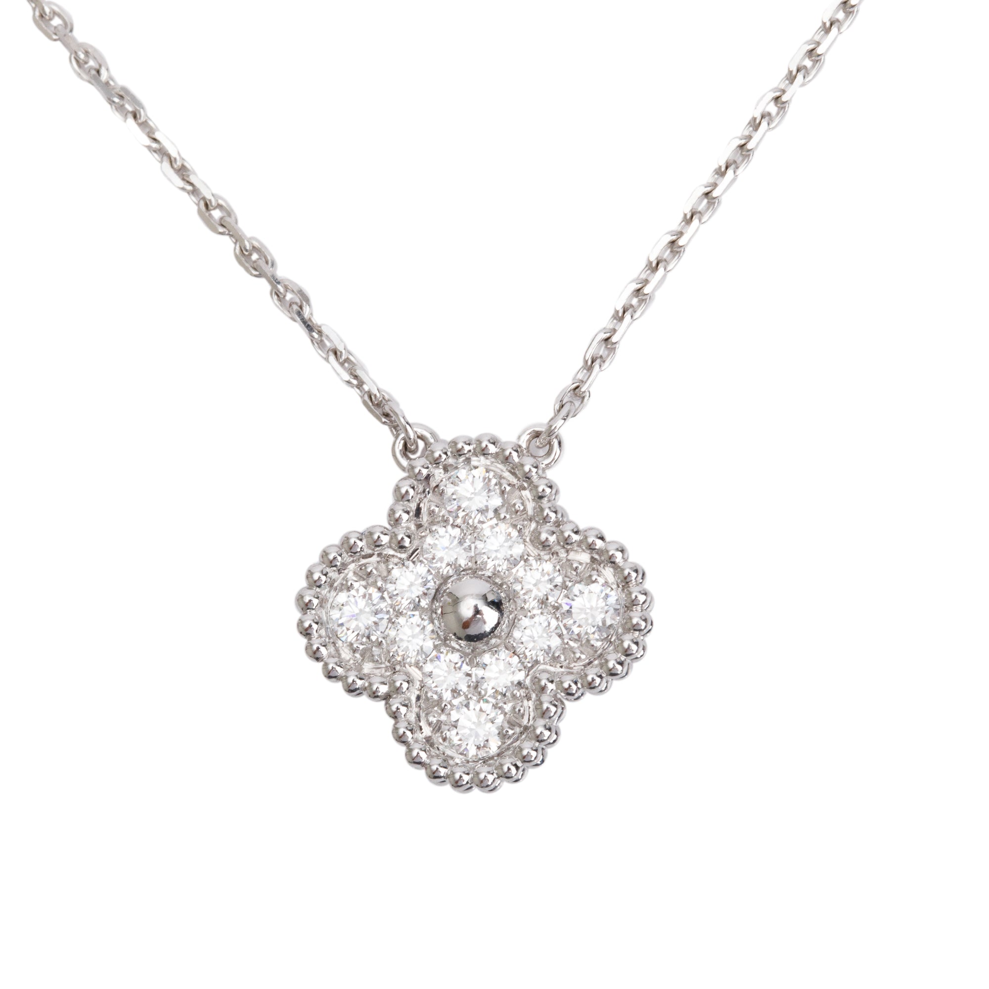 Van Cleef & Arpels 2022 18k White Gold Diamond Vintage Alhambra Pendant Necklace w/ Box & Certificate