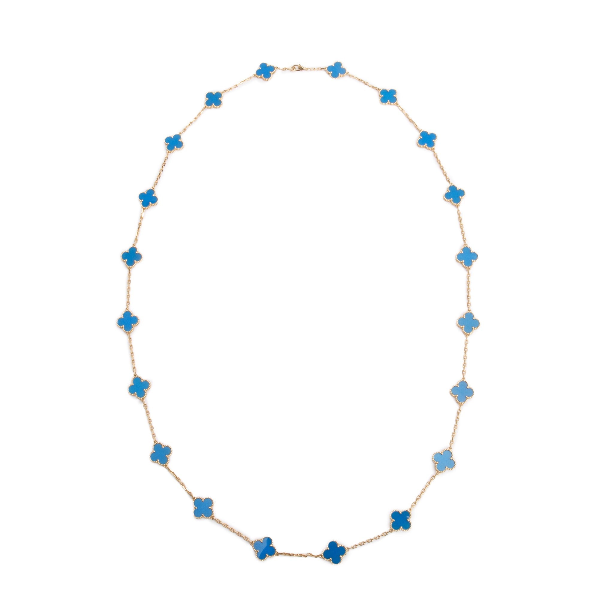 Van Cleef & Arpels 2022 18k Yellow Gold Vintage Alhambra 20 Motif Agate Long Necklace w/ Box, Receipt & Certificate