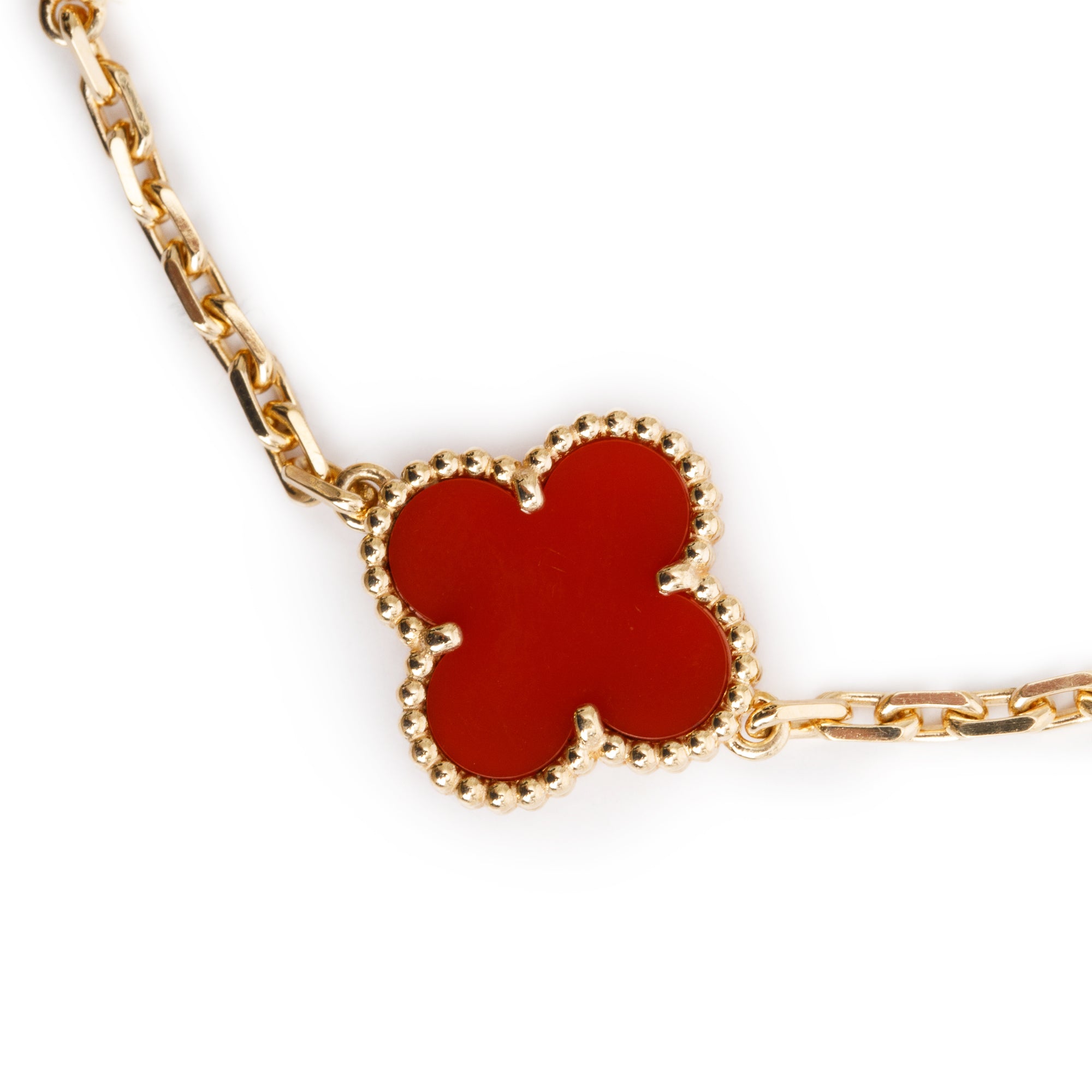 Van Cleef & Arpels 2022 18k Yellow Gold Vintage Alhambra 5 Motif Carnelian Bracelet w/ Box & Certificate