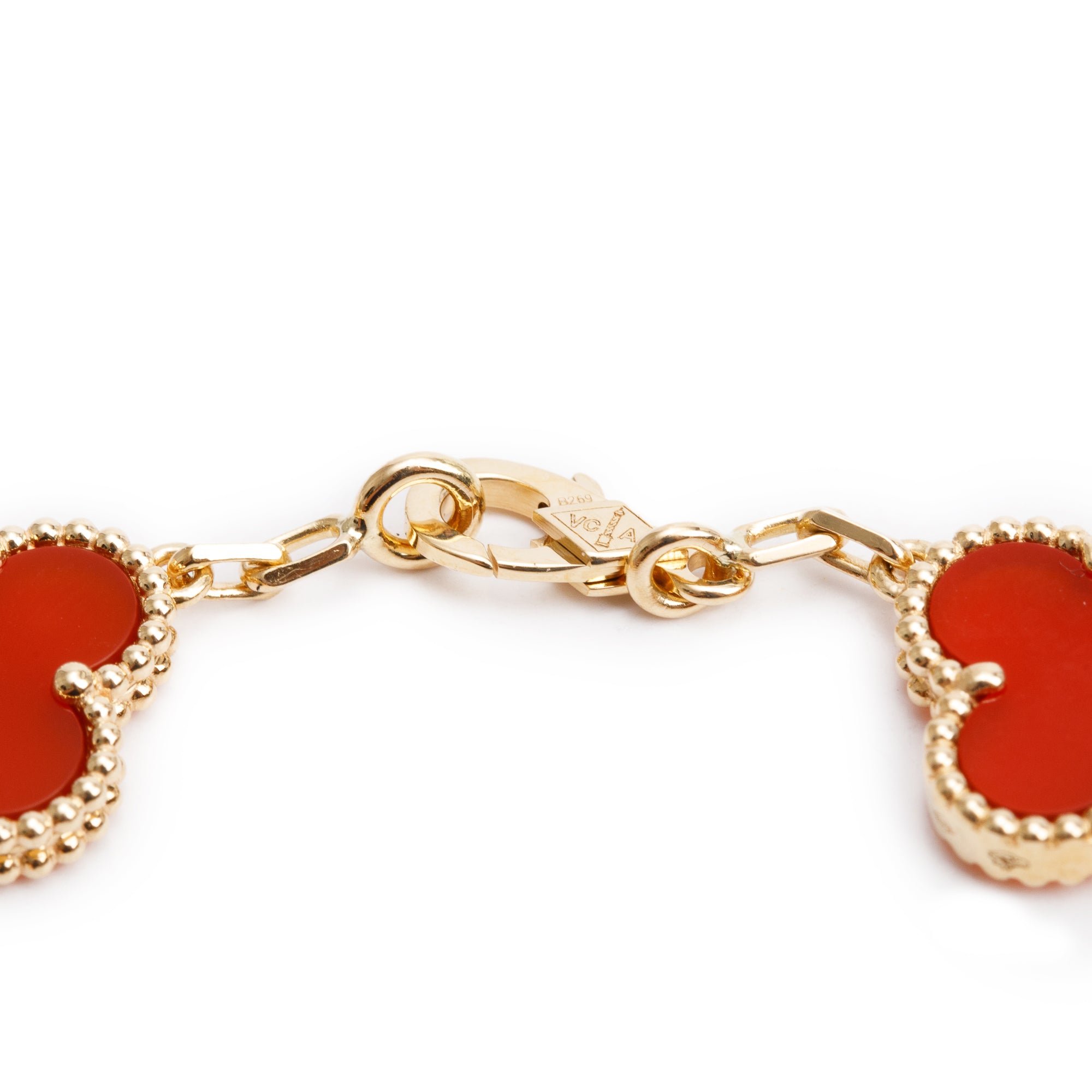 Van Cleef & Arpels 2022 18k Yellow Gold Vintage Alhambra 5 Motif Carnelian Bracelet w/ Box & Certificate