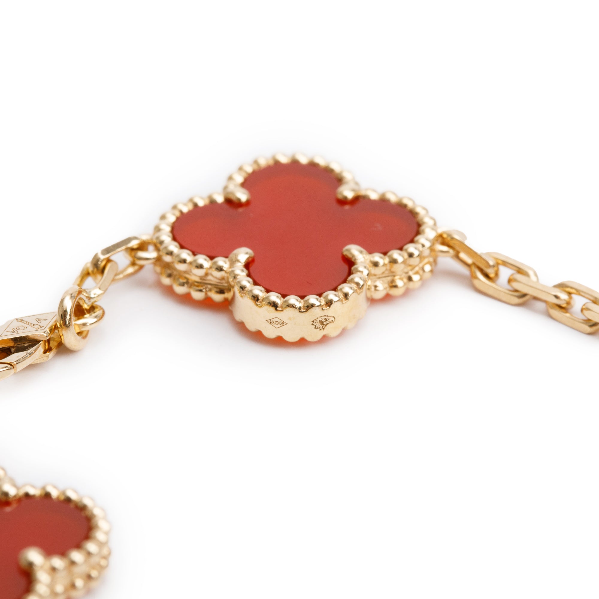 Van Cleef & Arpels 2022 18k Yellow Gold Vintage Alhambra 5 Motif Carnelian Bracelet w/ Box & Certificate